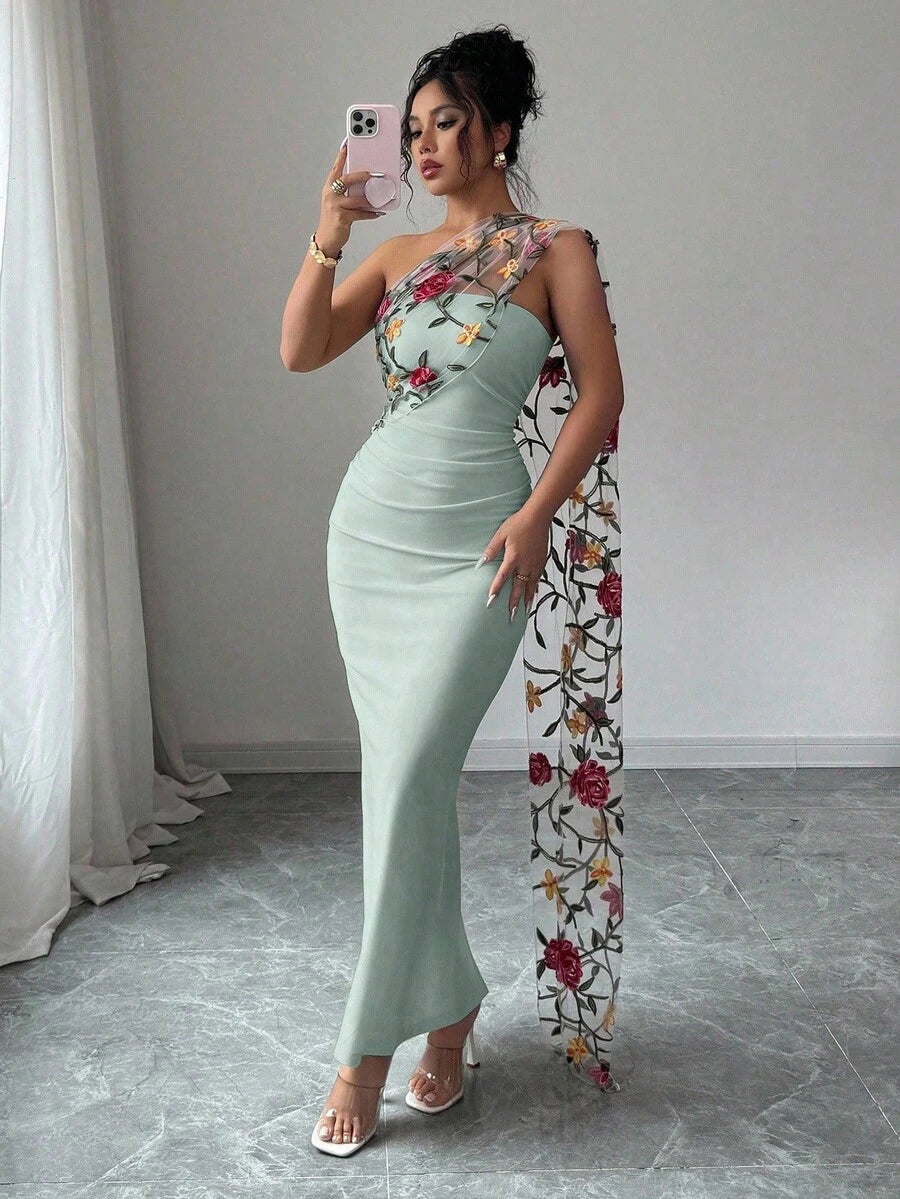 SHEIN Elenzga فستان اخضر شبكي أنيق مطرز