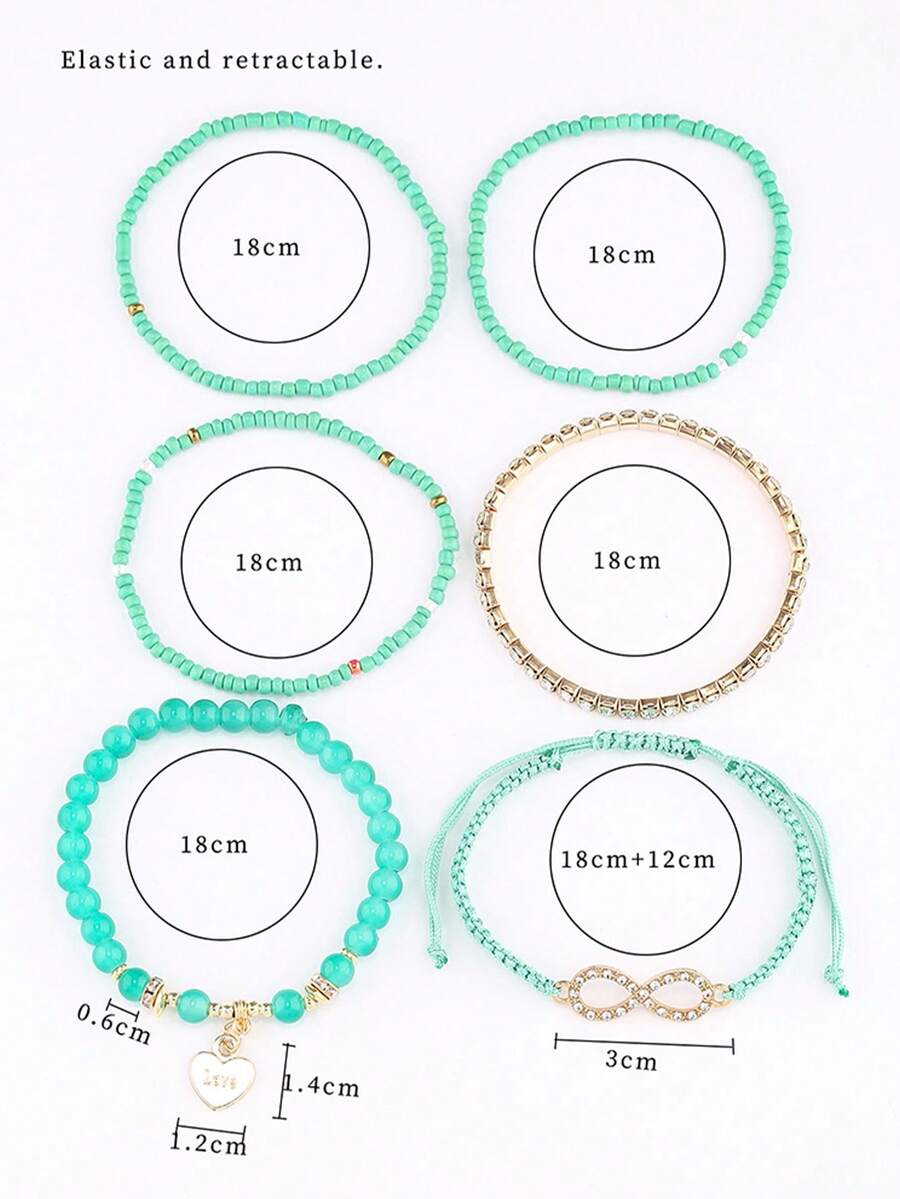 SHEIN طقم مجوهرات 6 أساور خضراء منسوجة بالراين