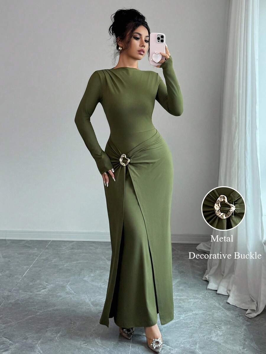 SHEIN Elenzga فستان اخضر طويل ضيق