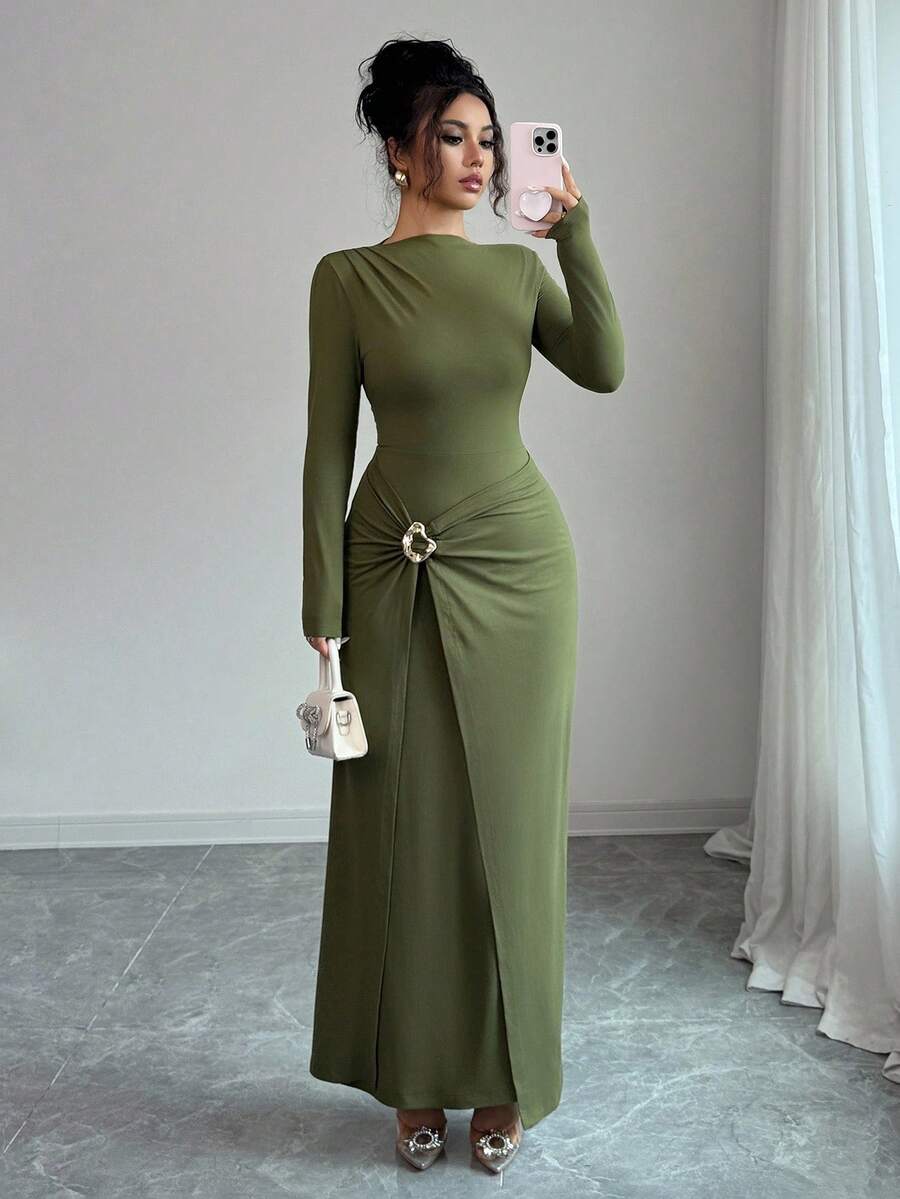 SHEIN Elenzga فستان اخضر طويل ضيق