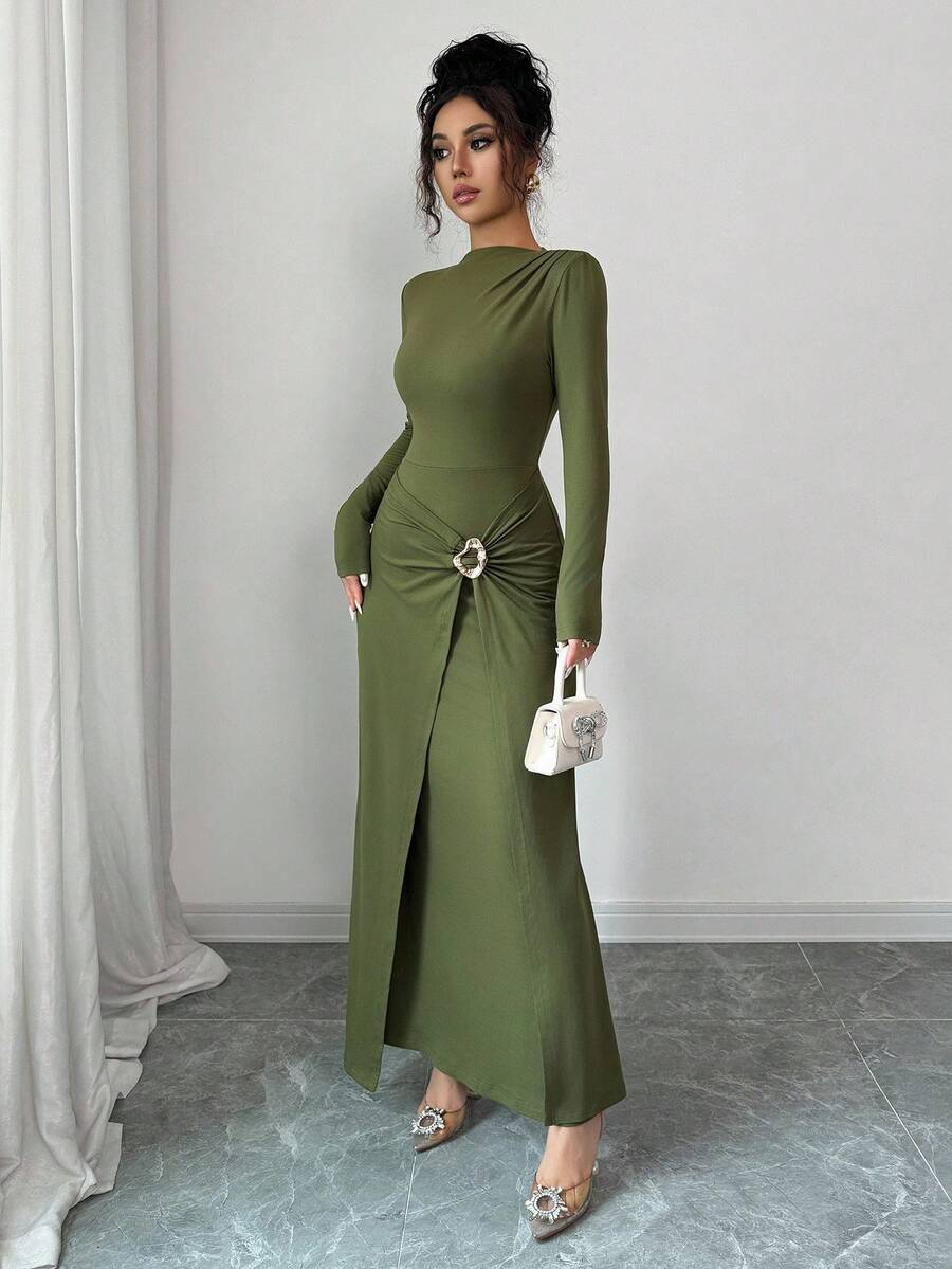 SHEIN Elenzga فستان اخضر طويل ضيق