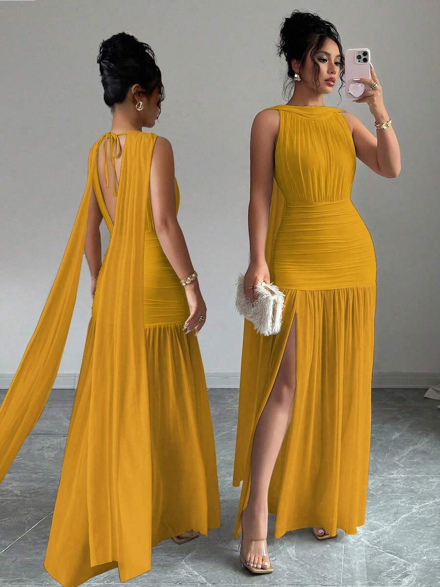SHEIN Elenzga فستان اصفر بدون أكمام بشق جانبي