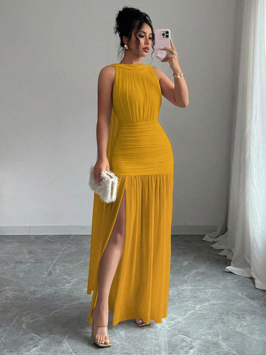 SHEIN Elenzga فستان اصفر بدون أكمام بشق جانبي