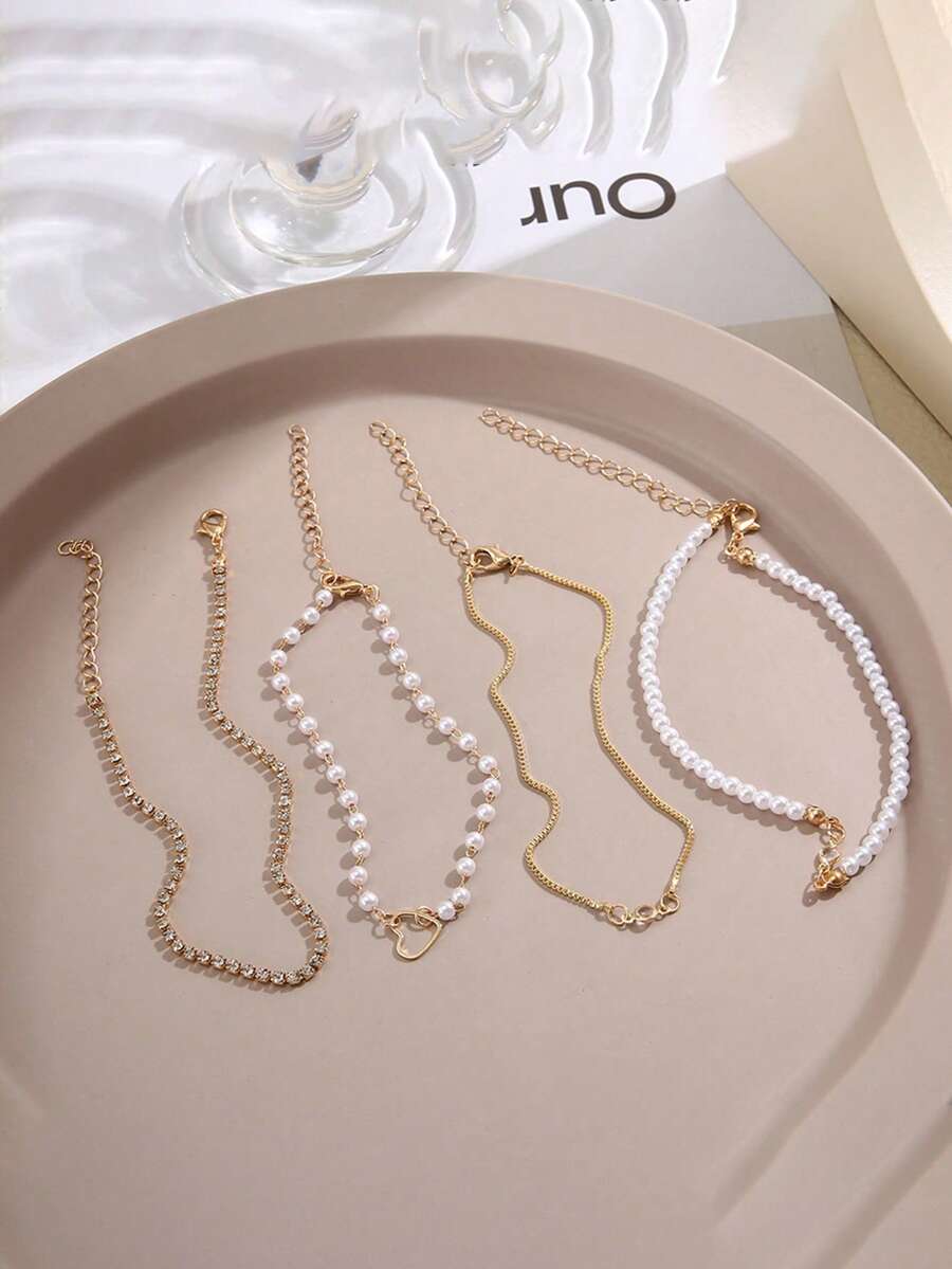 SHEIN مجموعة أساور 4 قطع ذهبية مزينة بالخرز والراين