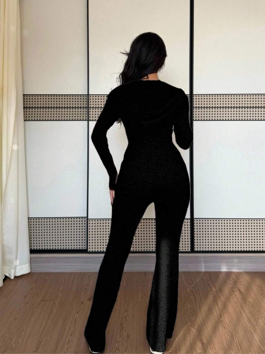 SHEIN Chiquease طقم هودي اسود ثقيل مع بنطال كشكش