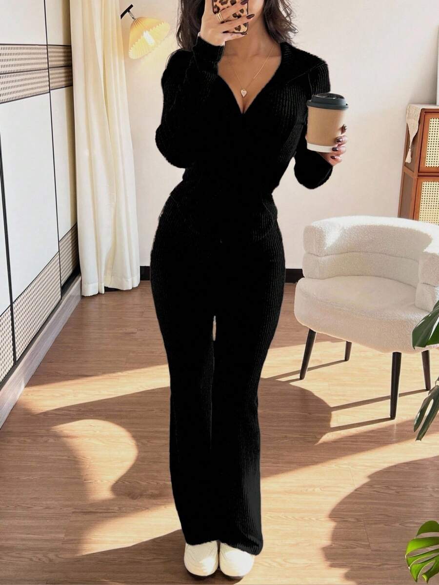 SHEIN Chiquease طقم هودي اسود ثقيل مع بنطال كشكش