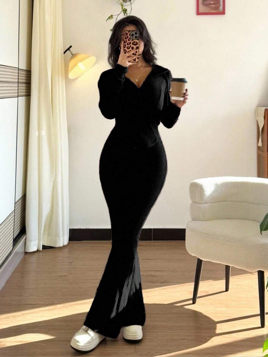 SHEIN Chiquease طقم هودي اسود ثقيل مع بنطال كشكش
