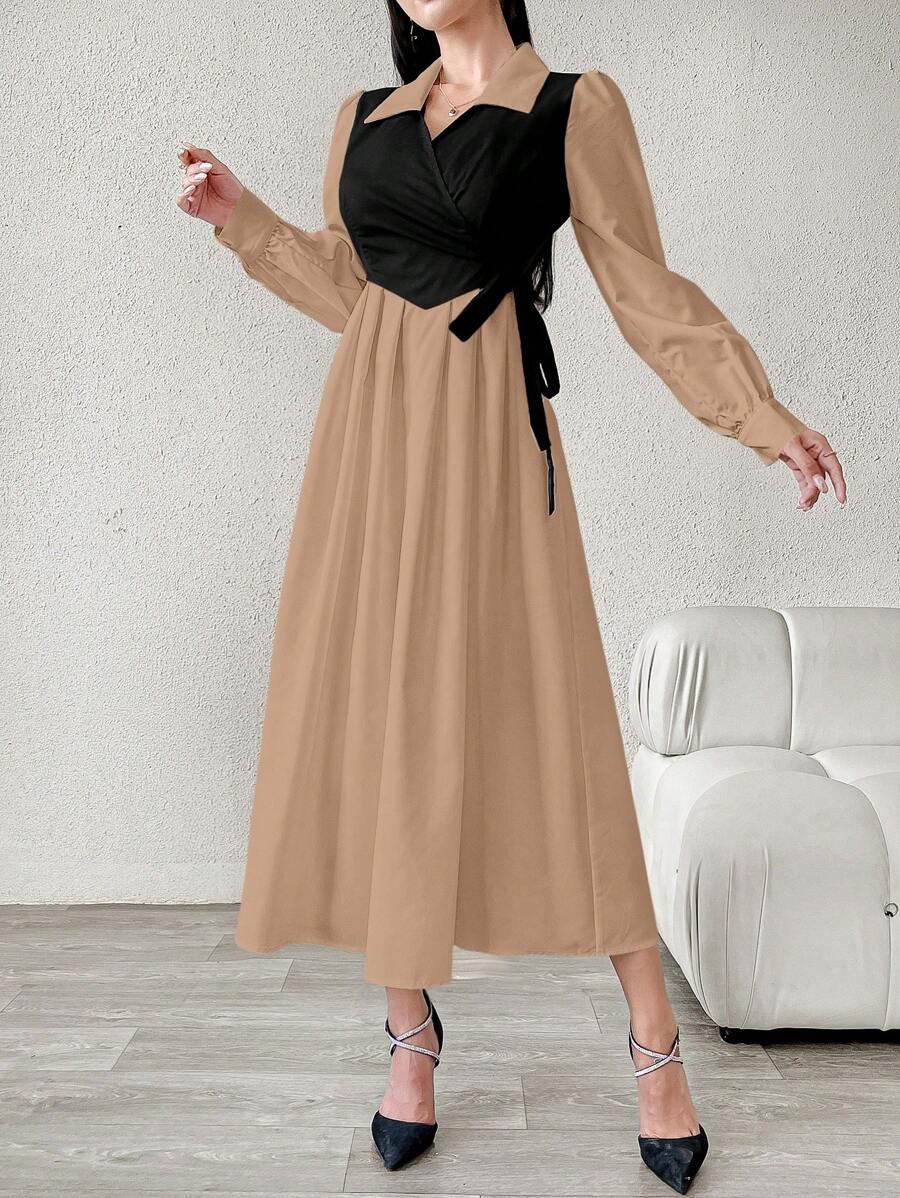 SHEIN Mulvari فستان كاكي بيج أنيق بربطة خلفية