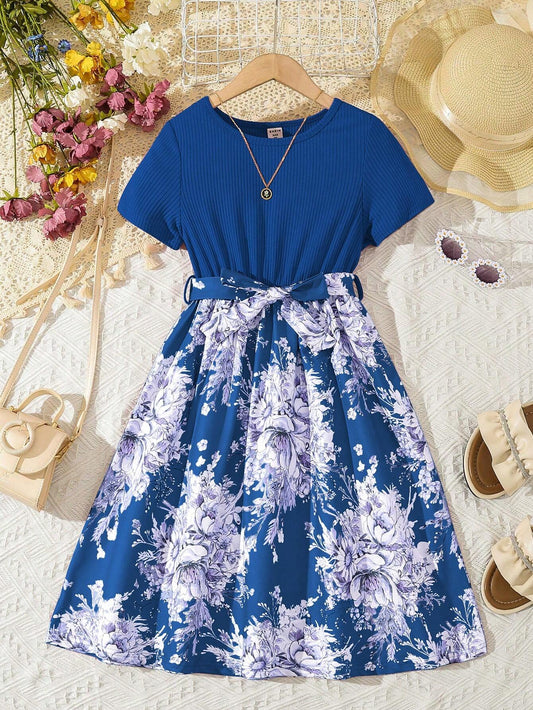 SHEIN Kids EVRYDAY فستان بنات ماكسي للفتاة المتوسطة العمر بتصميم أنيق يجمع بين الألوان القوية والطبعات الزهرية