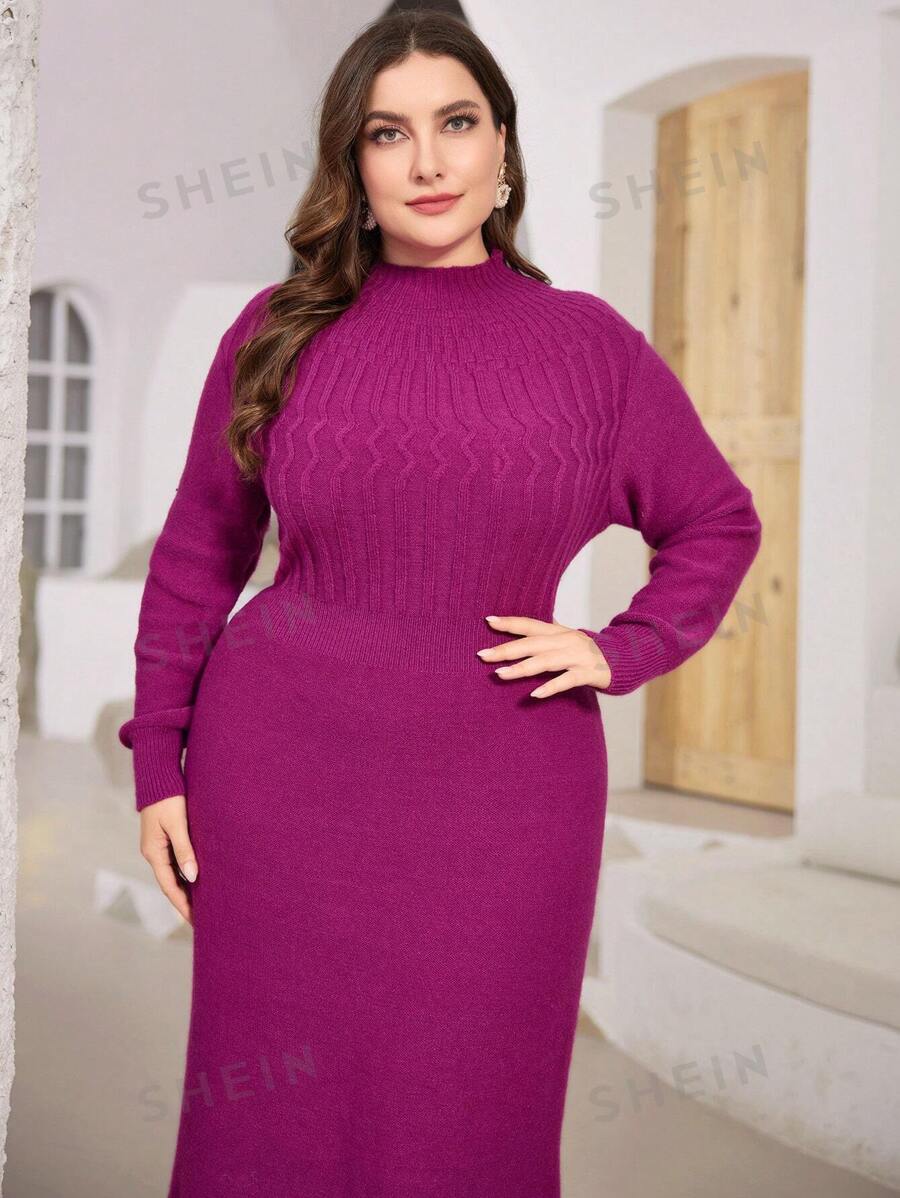 SHEIN Modely فستان صوفي بياقة واسعة وأكمام طويلة بحجم كبير ولون سادة