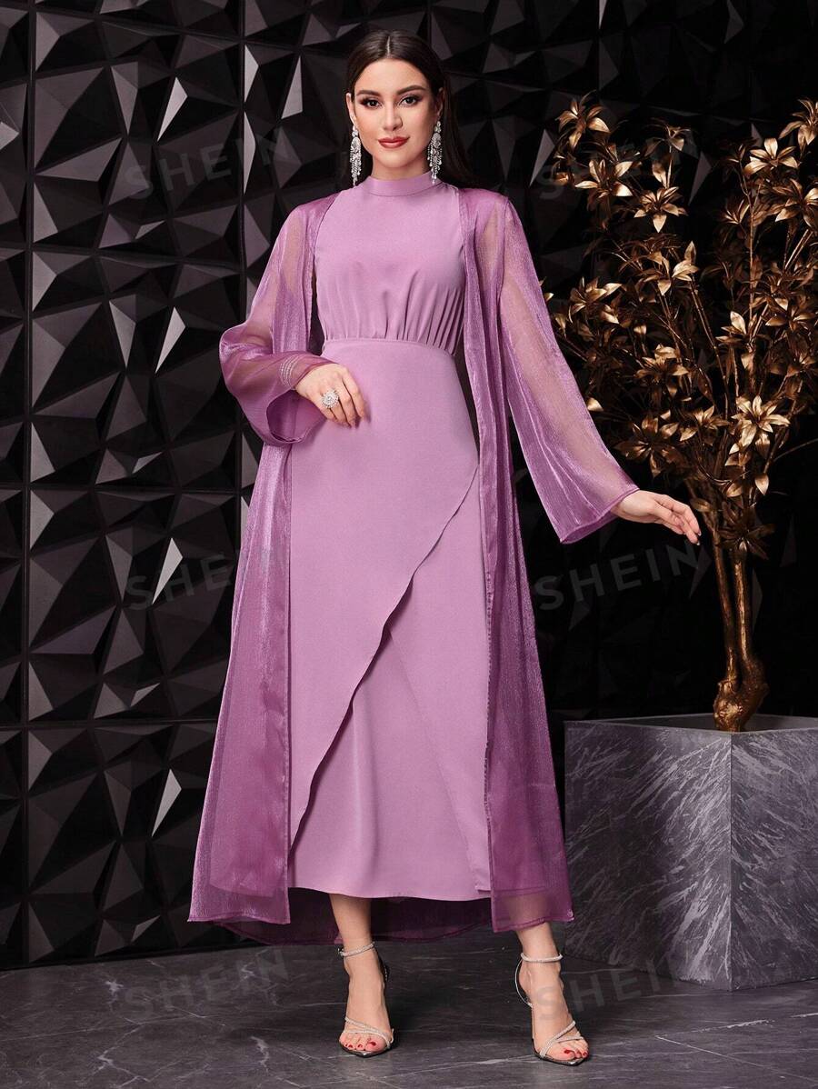 SHEIN Modely فستان نسائي بياقة متوسطة الارتفاع بلون صامد وسترة عادية شفافة بنفسجيتين