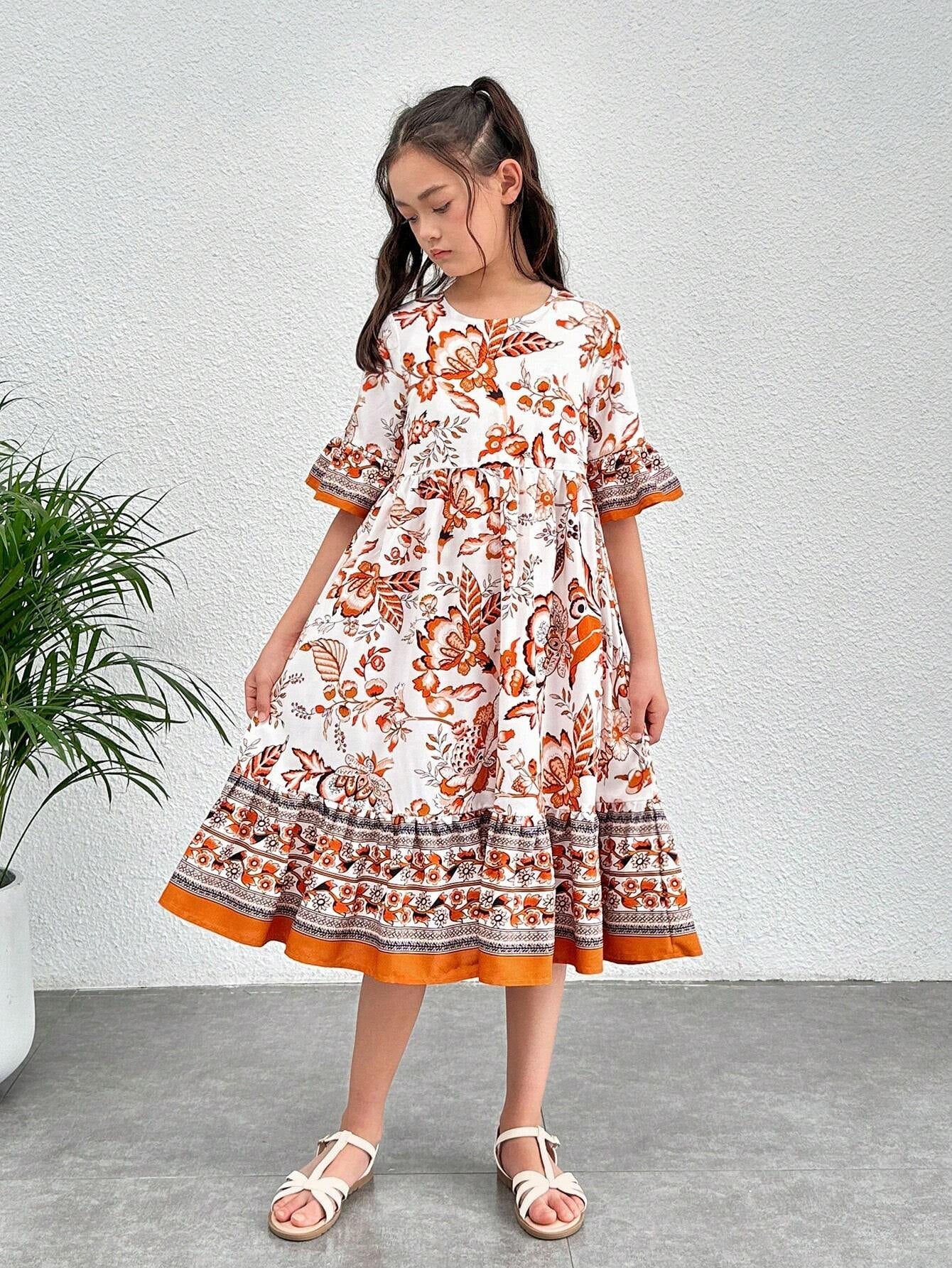 Tween Girl Floral Print Flounce Sleeve Ruffle Hem Dress
