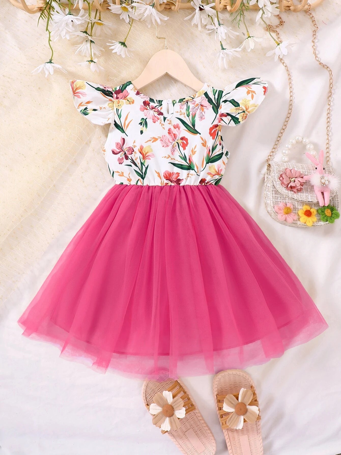Young Girl Floral Print Contrast Mesh A-Line Dress