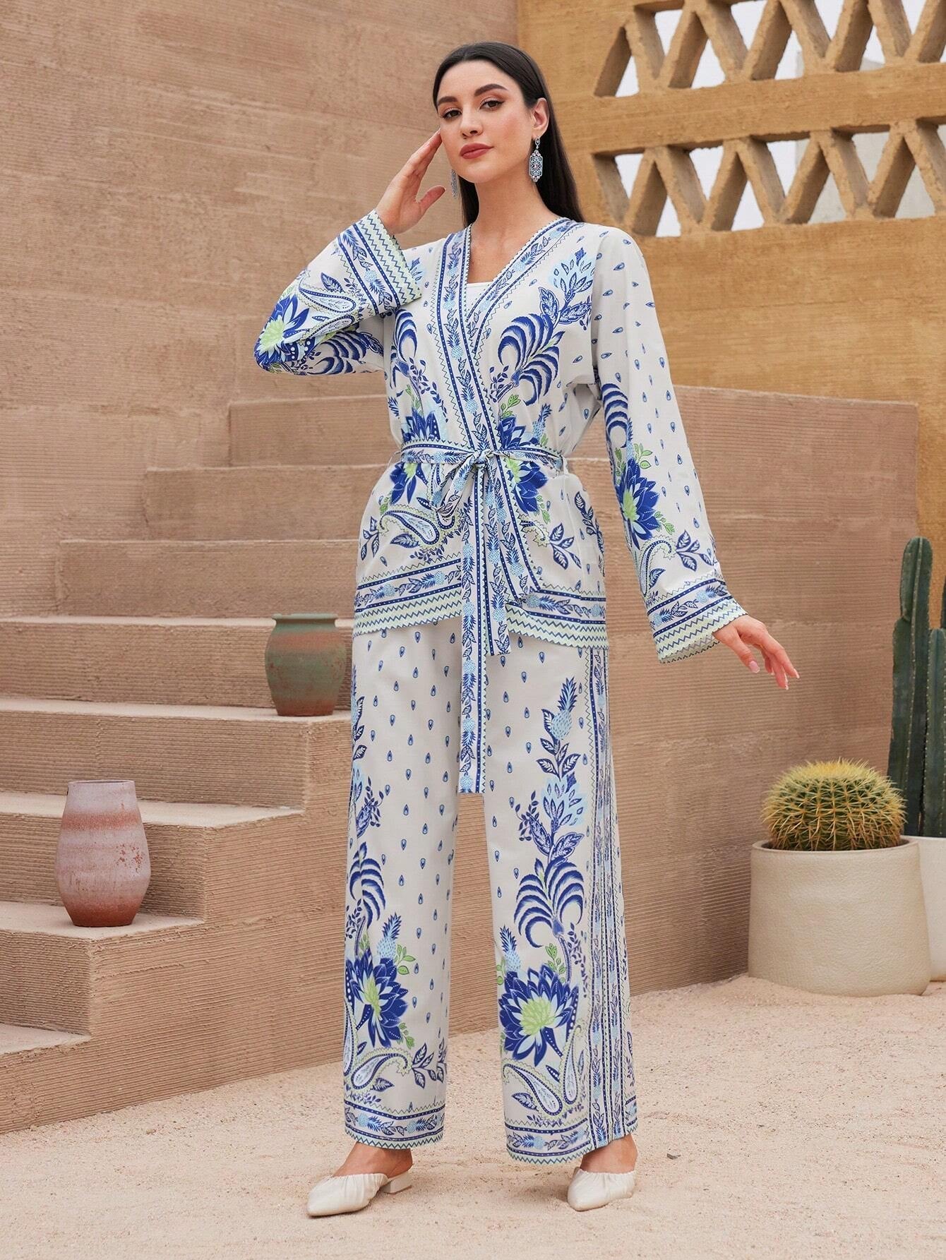 Mulvari Women'S Floral Printed V-Neck Belted Top and Pants Two-Piece Set