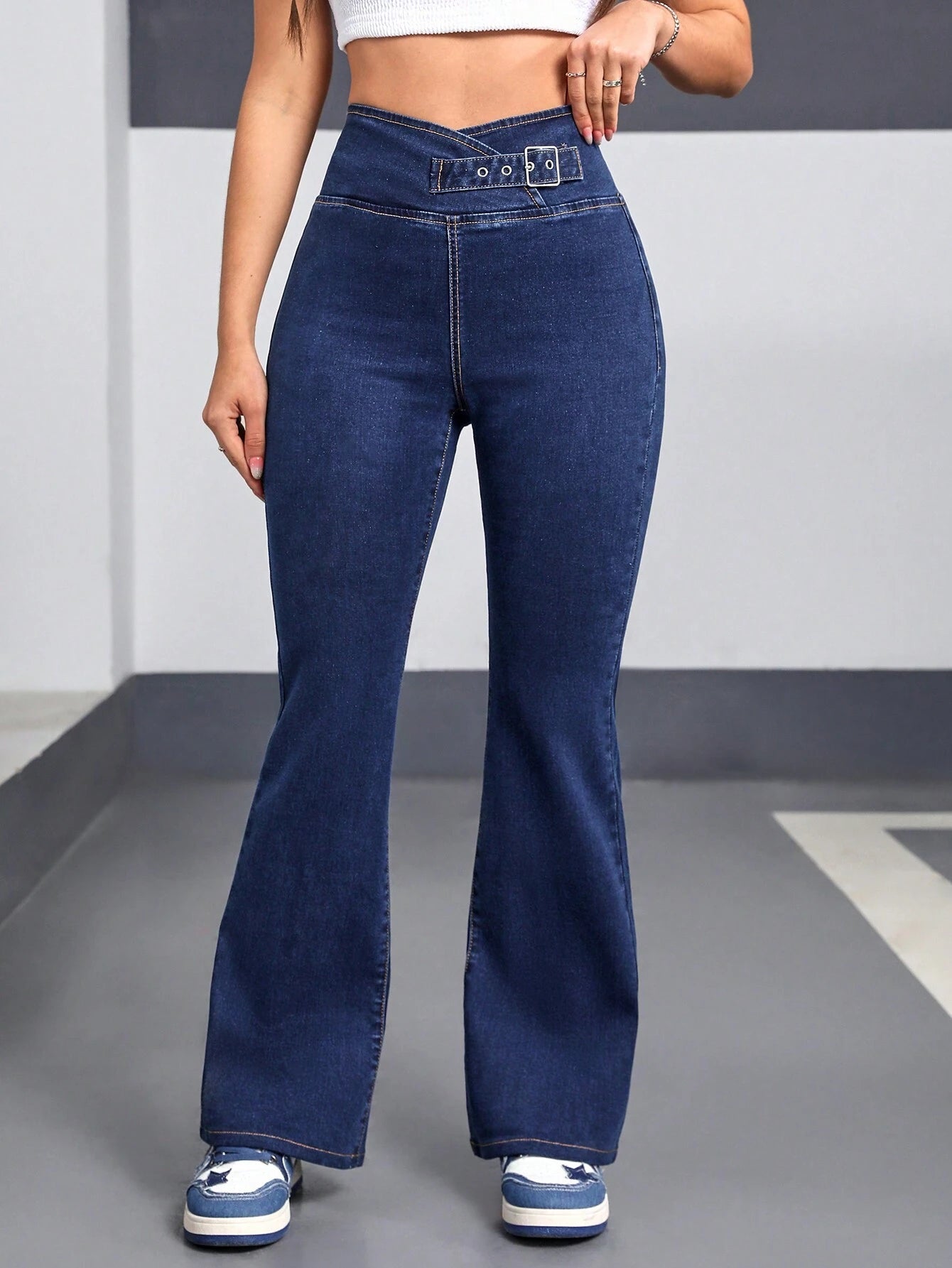 Ezwear Women'S High Waist Cross Knot Design Flared Jeans with Metallic Eyelets