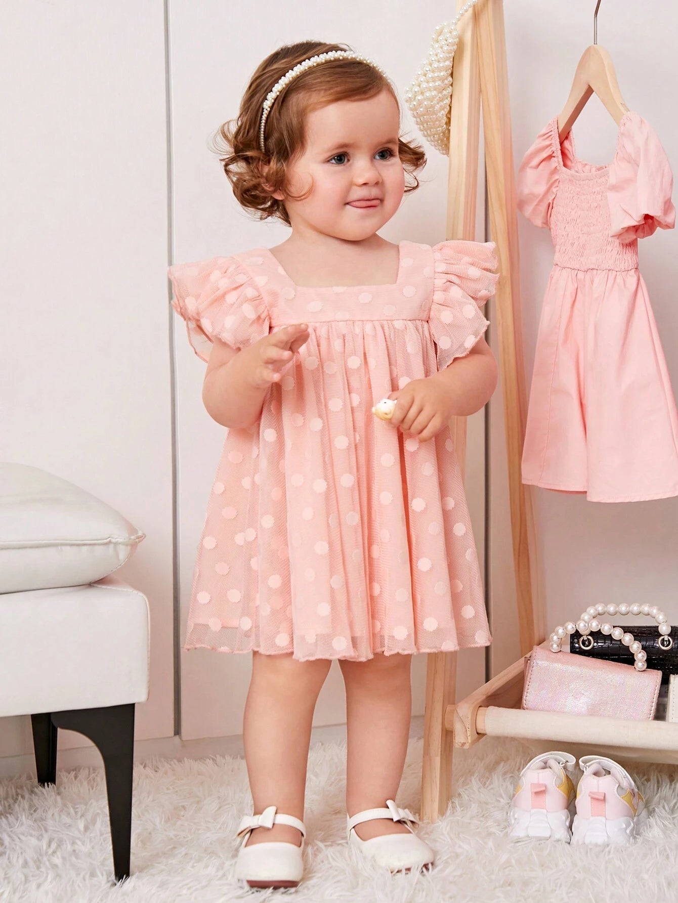 Baby Girl'S Sweet Polka Dot Mesh Dress with Square Neckline and Short Flutter Sleeves