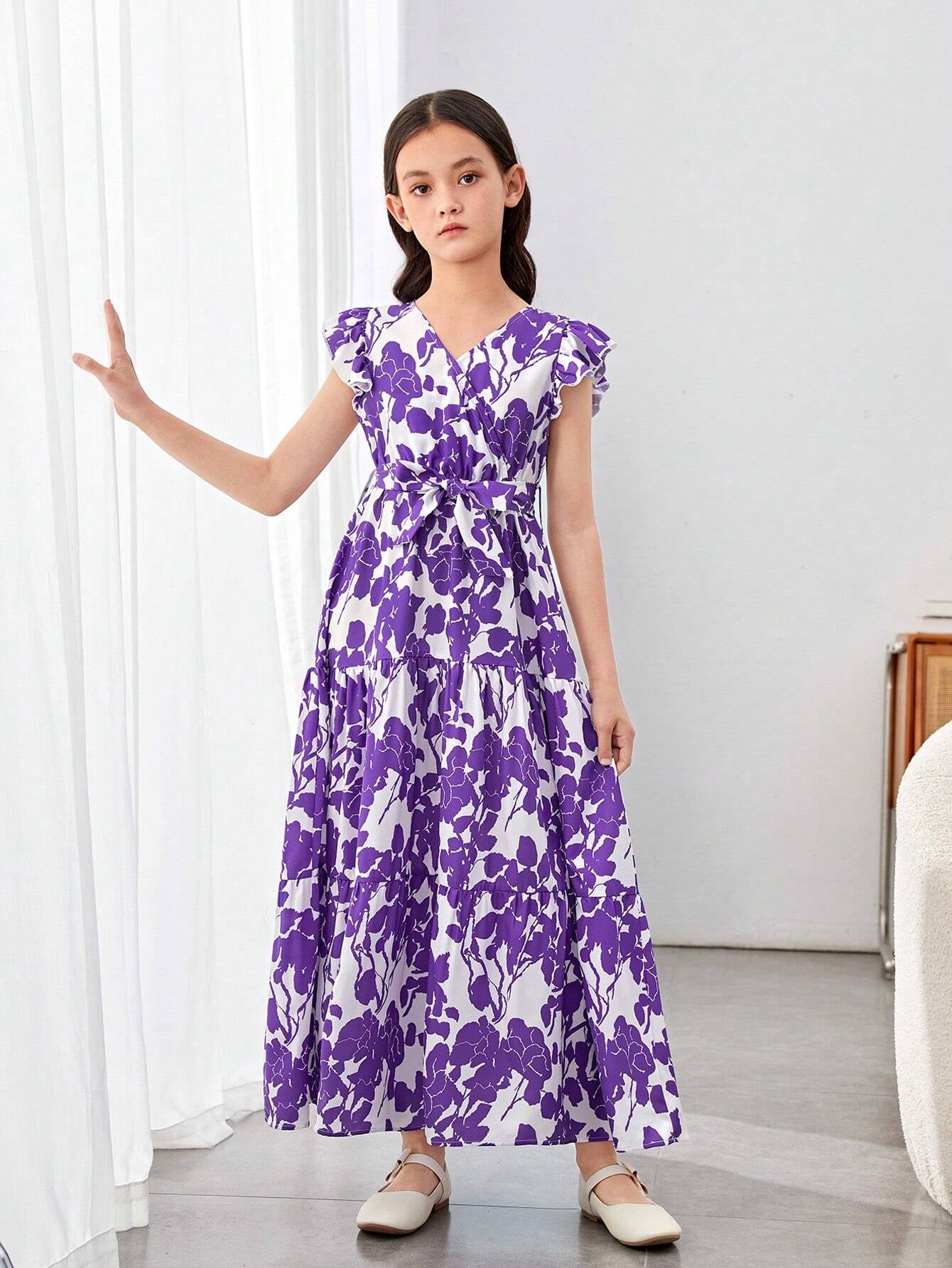Tween Girls' Elegant Cross V-Neckline Floral Printed Dress with Ruffle Sleeves, Pleated and Tie for Summer