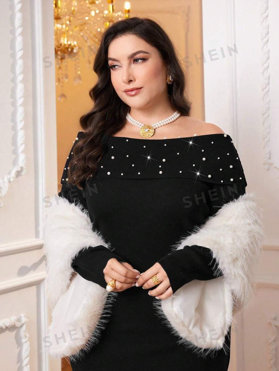 SHEIN Modely فستان صوف مكشوف الكتف مطرز بلؤلؤ مقاس كبير