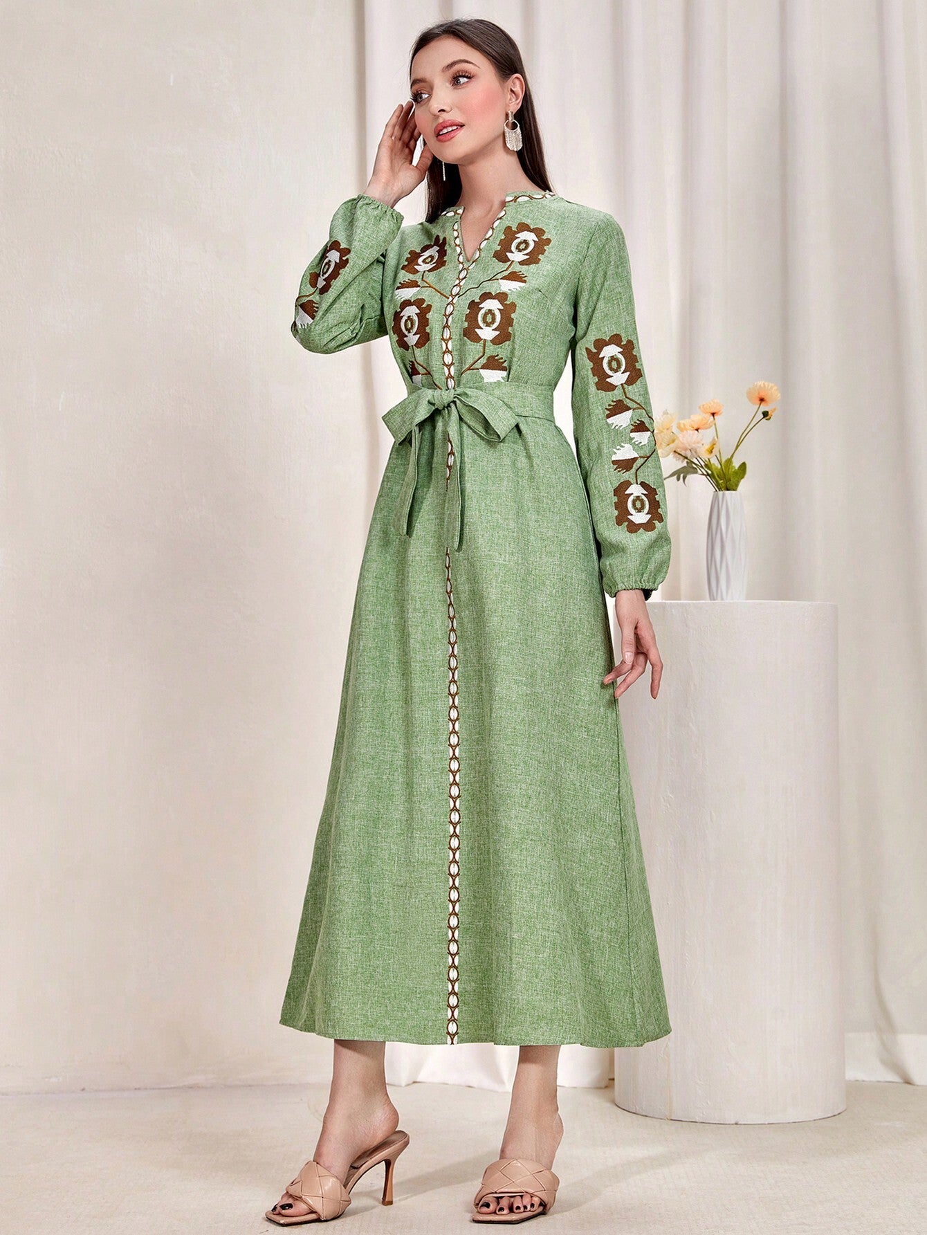 Najma Graphic Embroidery Notched Neckline Belted Dress