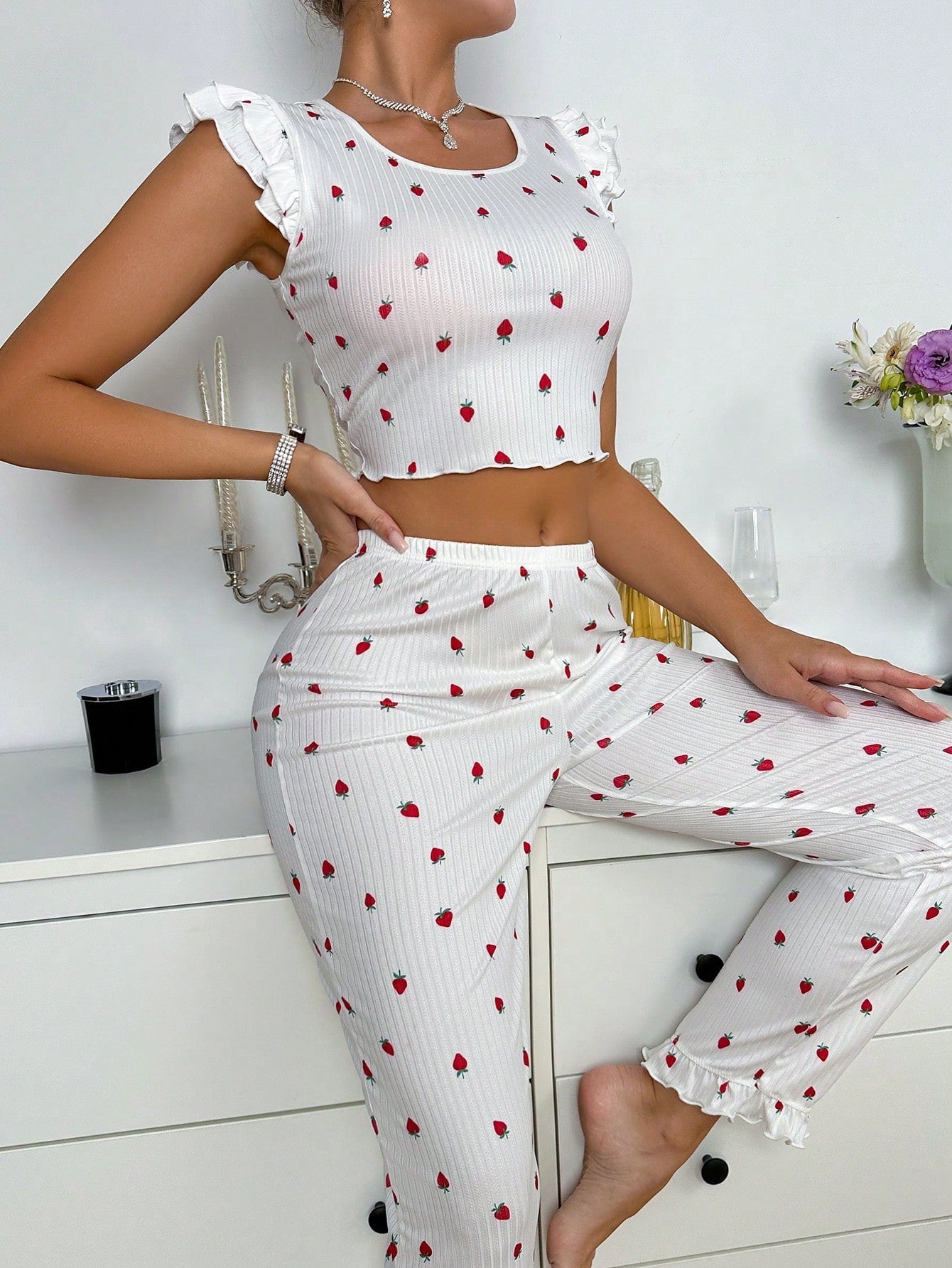Women Double Layered Cap Sleeve Pajama Set with Strawberry Print