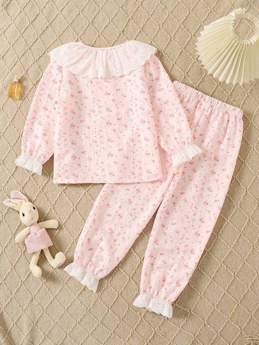 SHEIN إطقم ملابس منزلية مريحة مكون من ملابس علوية كم طويل مُزخرفة بنقوش زهور والبنطلون للفتاة الأنيقة بقطعتين