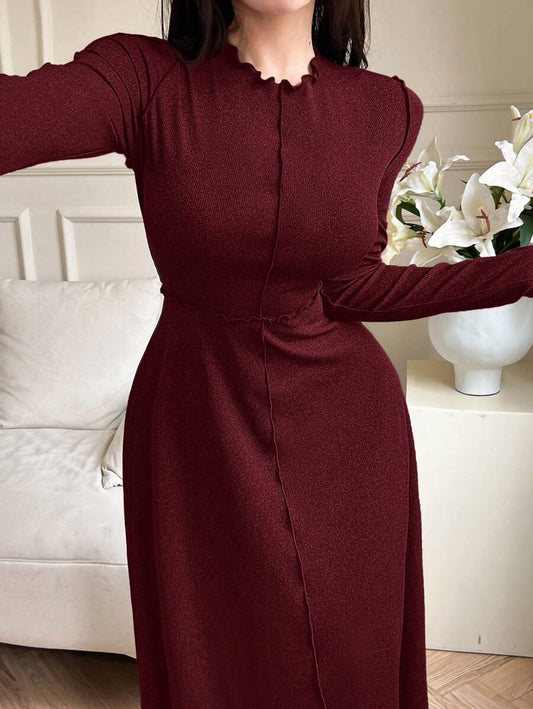 SHEIN Modelyn فستان طويل أكمام باللون العنابي وكشكشة