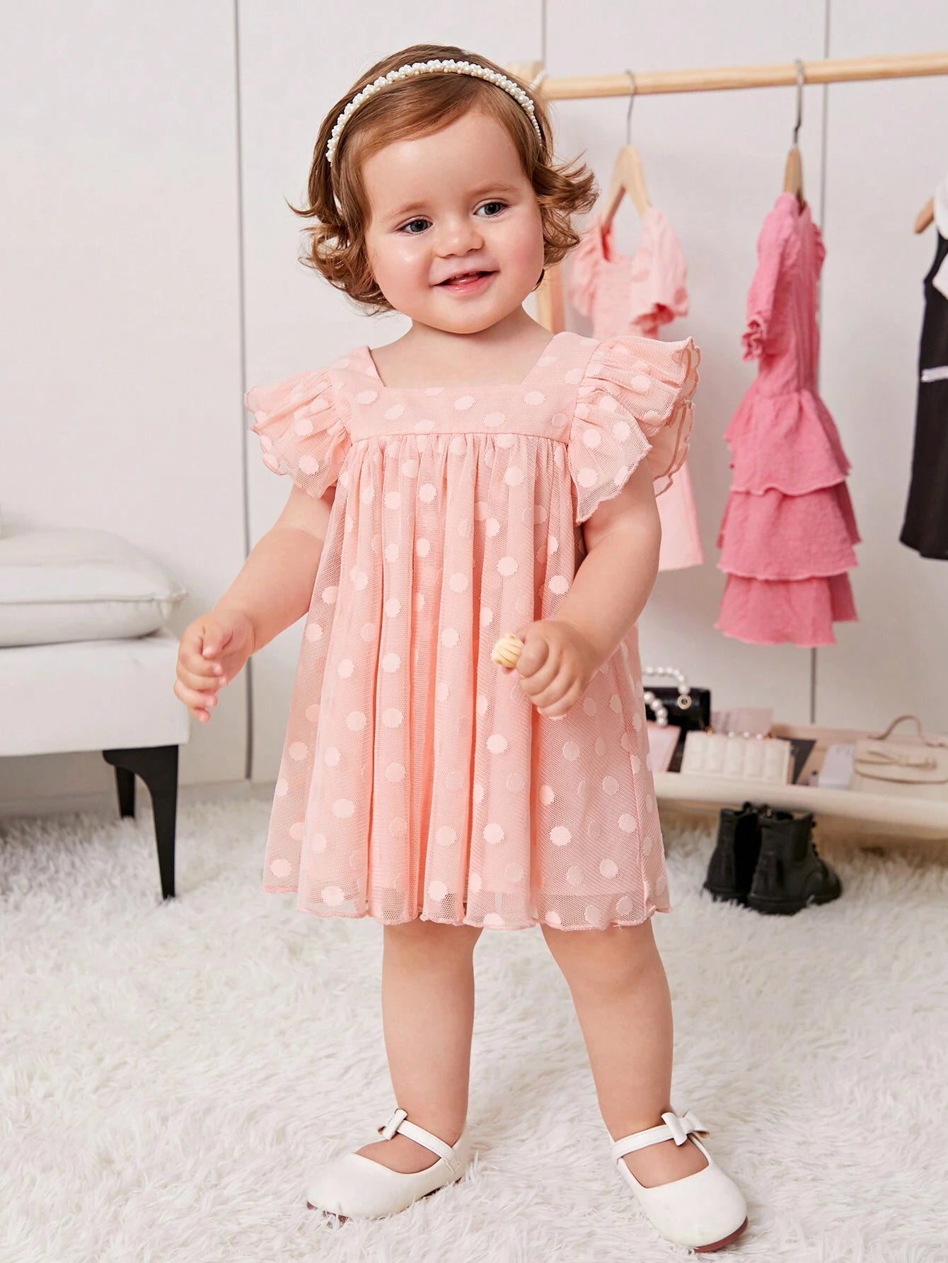 Baby Girl'S Sweet Polka Dot Mesh Dress with Square Neckline and Short Flutter Sleeves