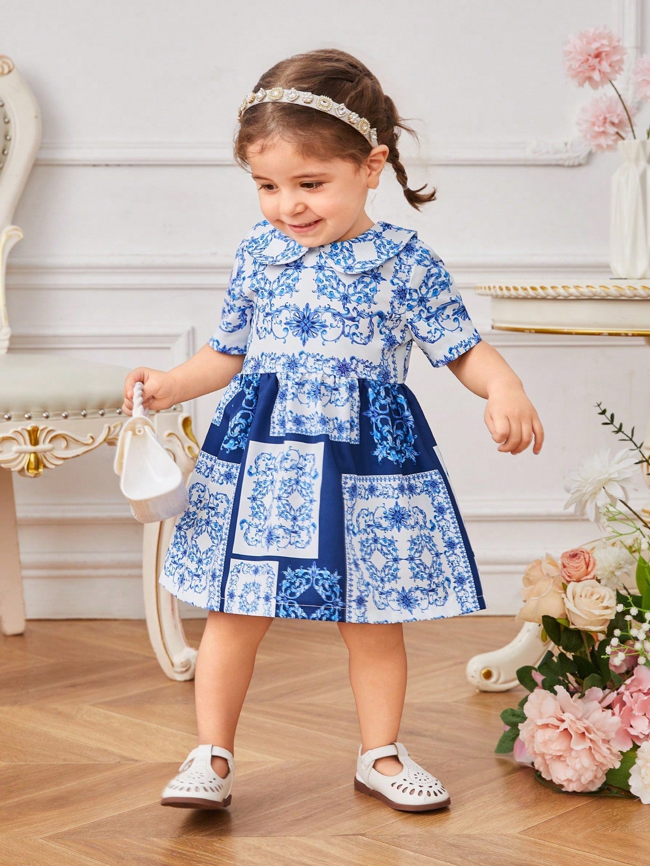 Baby Girls' Elegant Palace-Style Doll Collar Printed Dress, Suitable