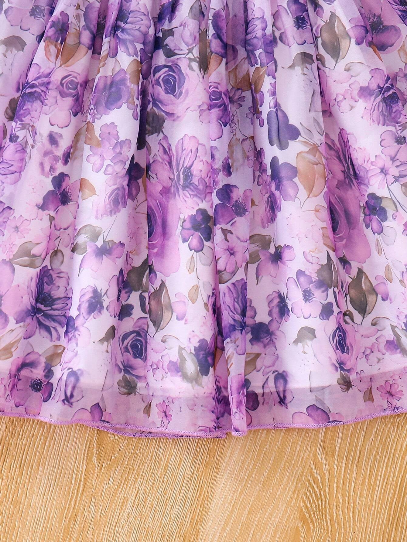 Young Girls' Summer Flower Print Dress, Purple Floral Princess Dress with Puff Sleeves