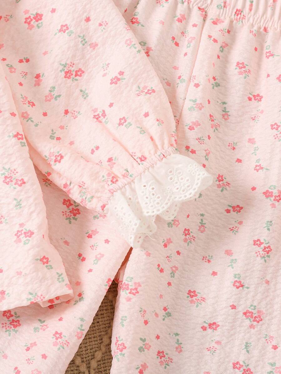 SHEIN إطقم ملابس منزلية مريحة مكون من ملابس علوية كم طويل مُزخرفة بنقوش زهور والبنطلون للفتاة الأنيقة بقطعتين