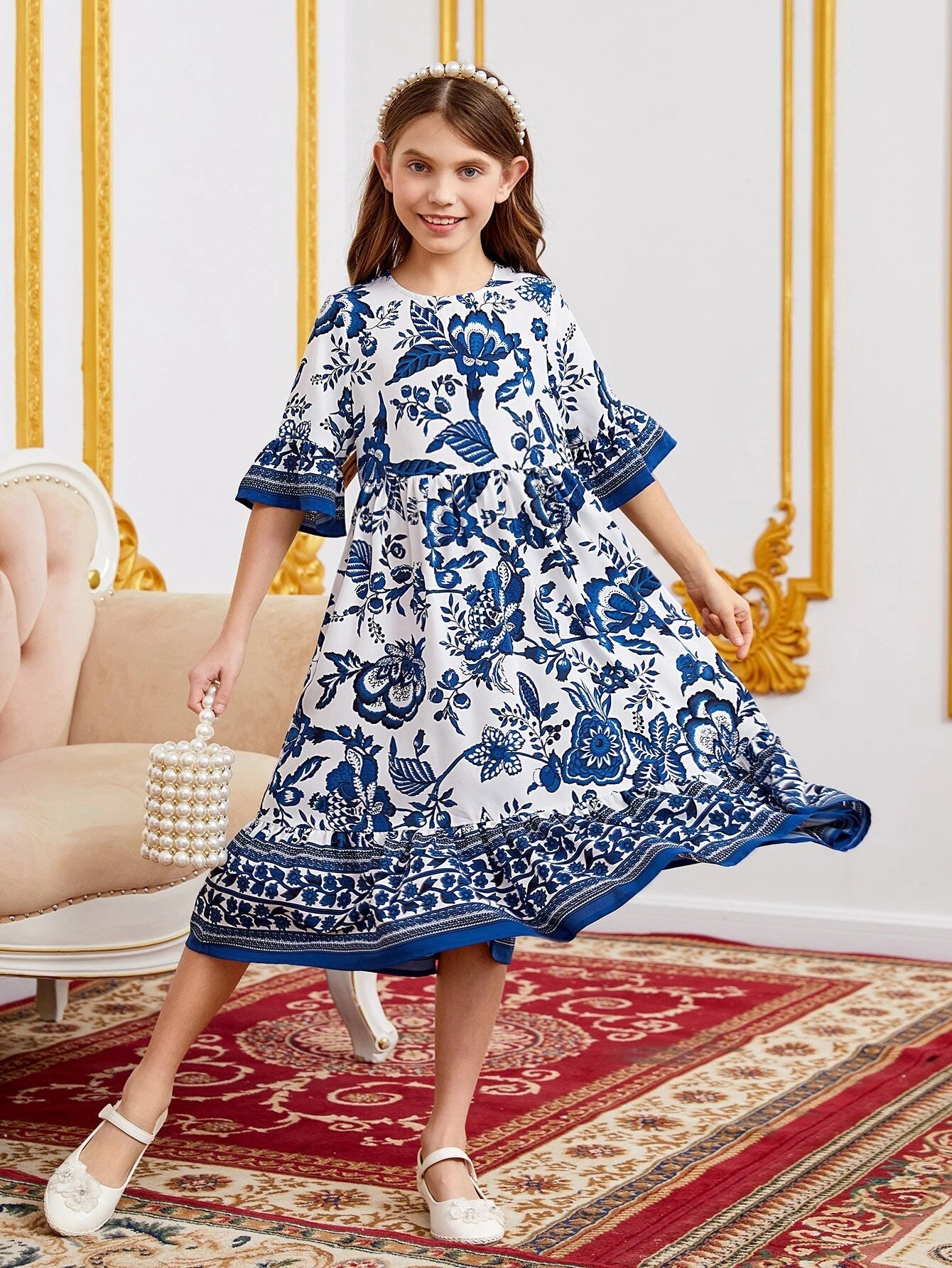 Tween Girl Floral Print Flounce Sleeve Ruffle Hem Dress