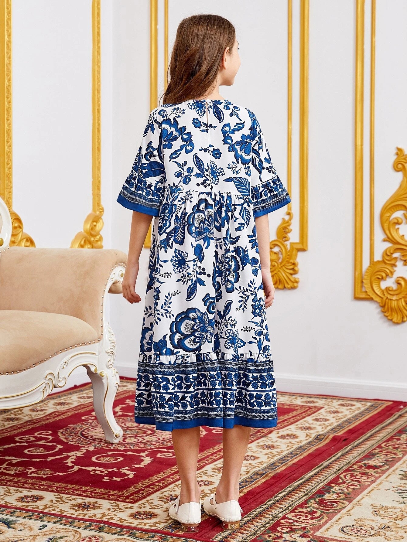 Tween Girl Floral Print Flounce Sleeve Ruffle Hem Dress