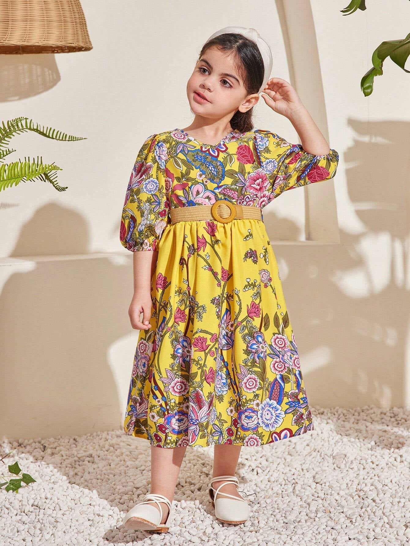 Young Girl Floral Printed V-Neck Puff Sleeve Dress