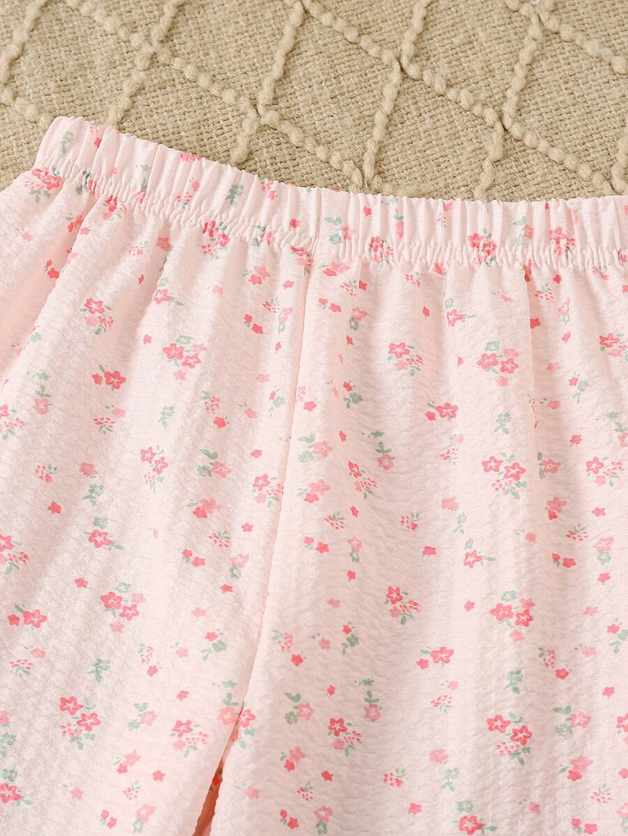 SHEIN إطقم ملابس منزلية مريحة مكون من ملابس علوية كم طويل مُزخرفة بنقوش زهور والبنطلون للفتاة الأنيقة بقطعتين