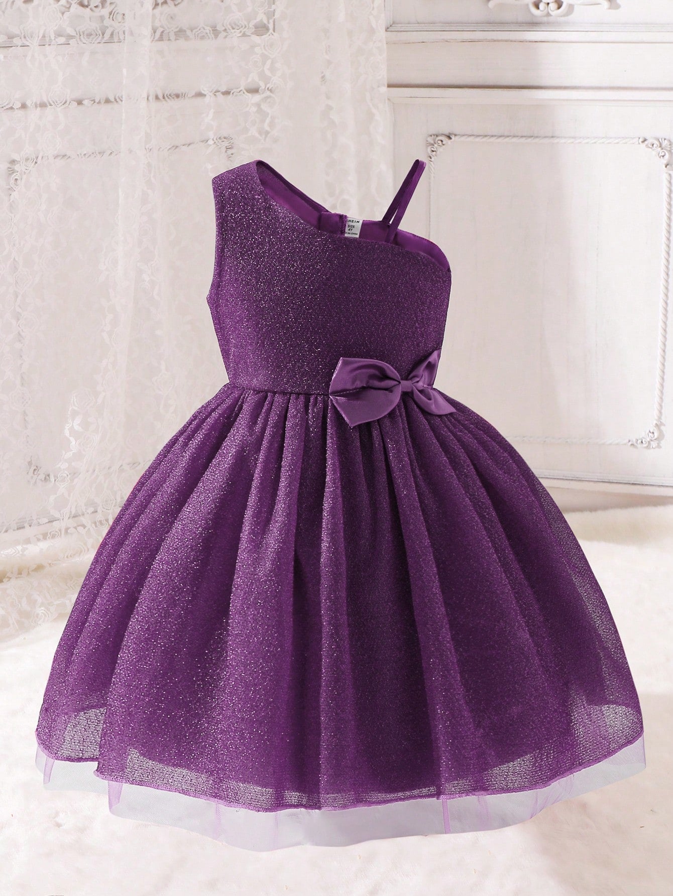 Young Girl Asymmetrical Neck Bow Front Mesh Overlay Dress