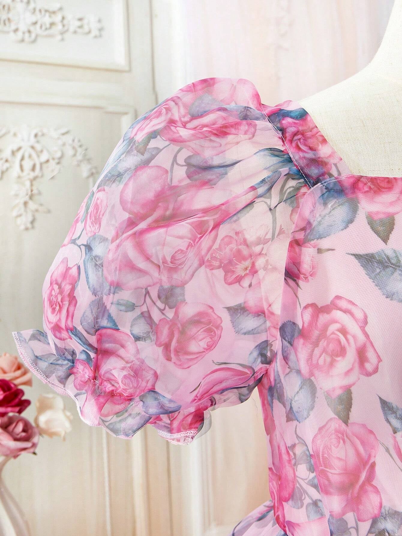 Tween Girl Floral Printed Mesh Patchwork Puff Sleeve Dress
