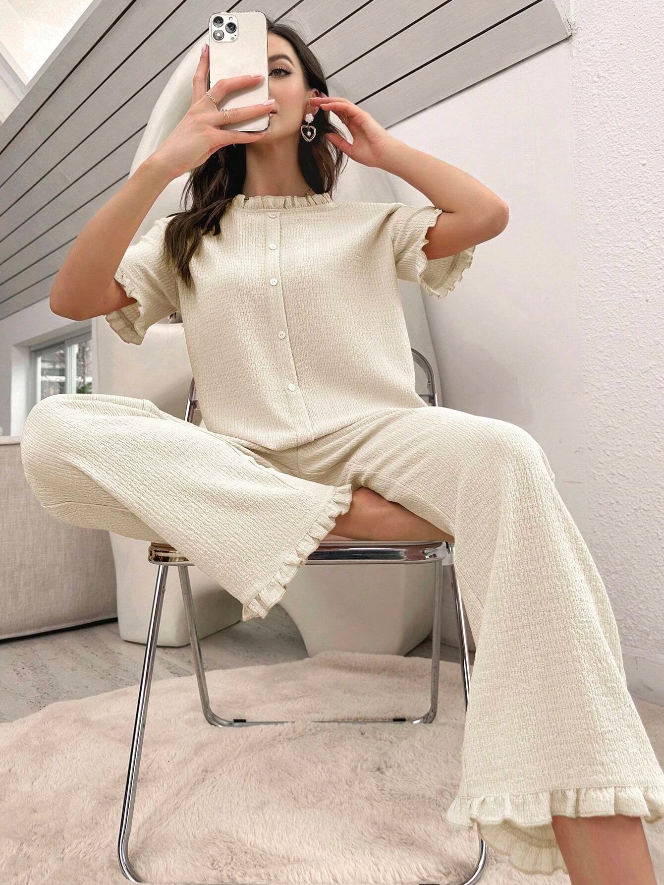 Solid Ruffle Trim Lounge Set