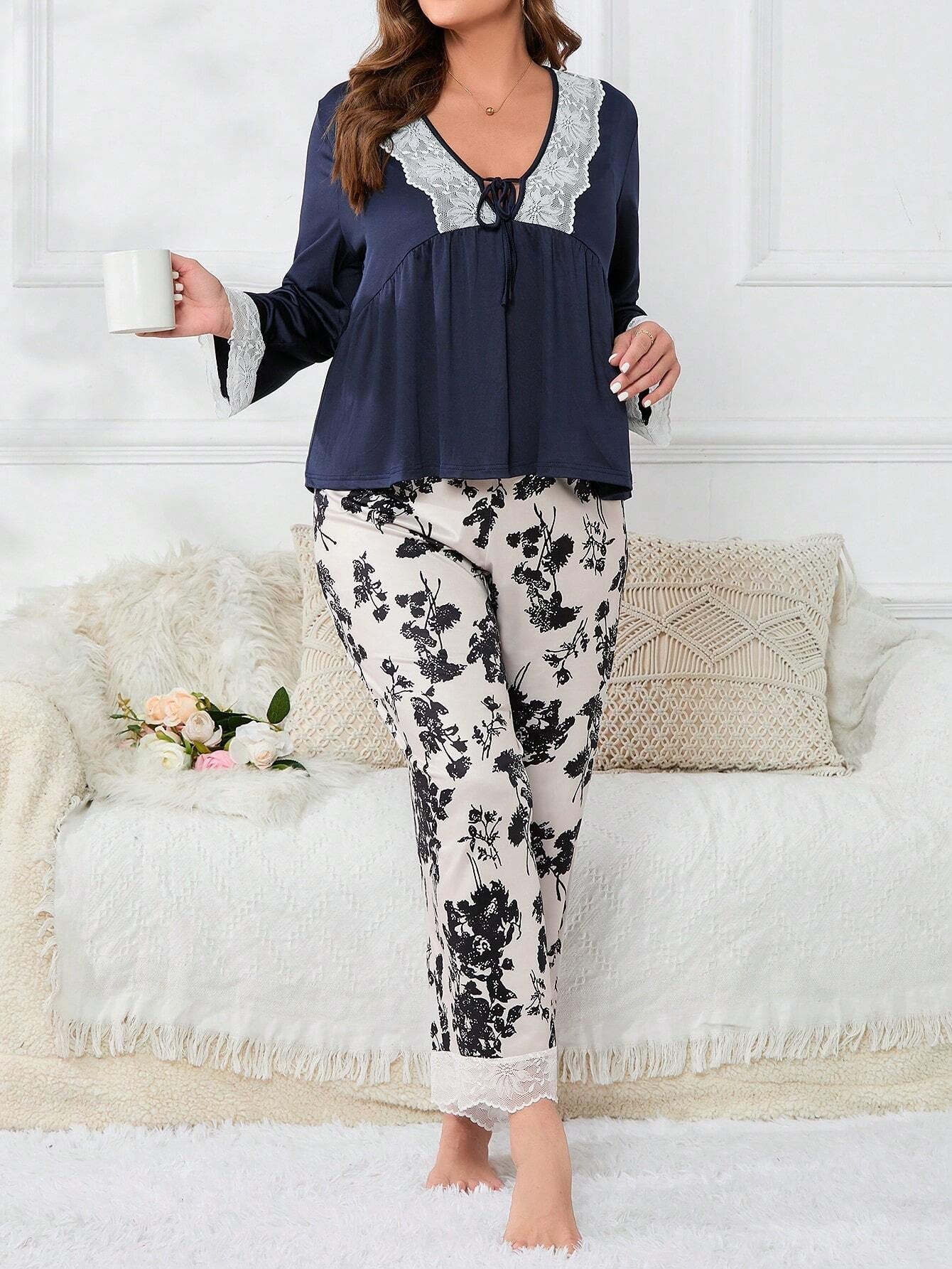 Plus Floral Print Contrast Lace PJ Set