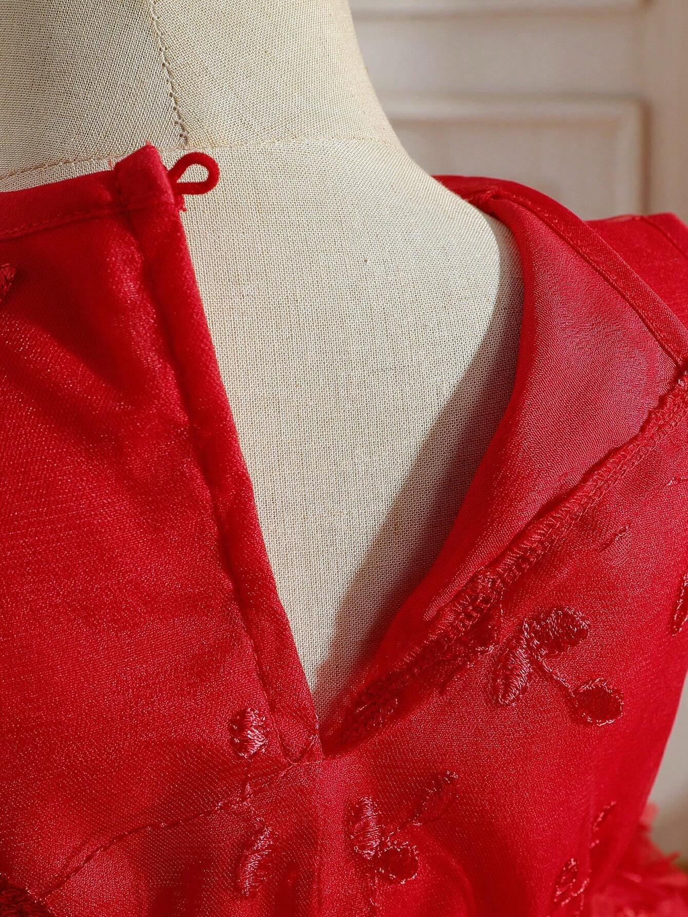 Young Girl, Red Sleeveless Princess Dress with Embroidered Mesh Patchwork