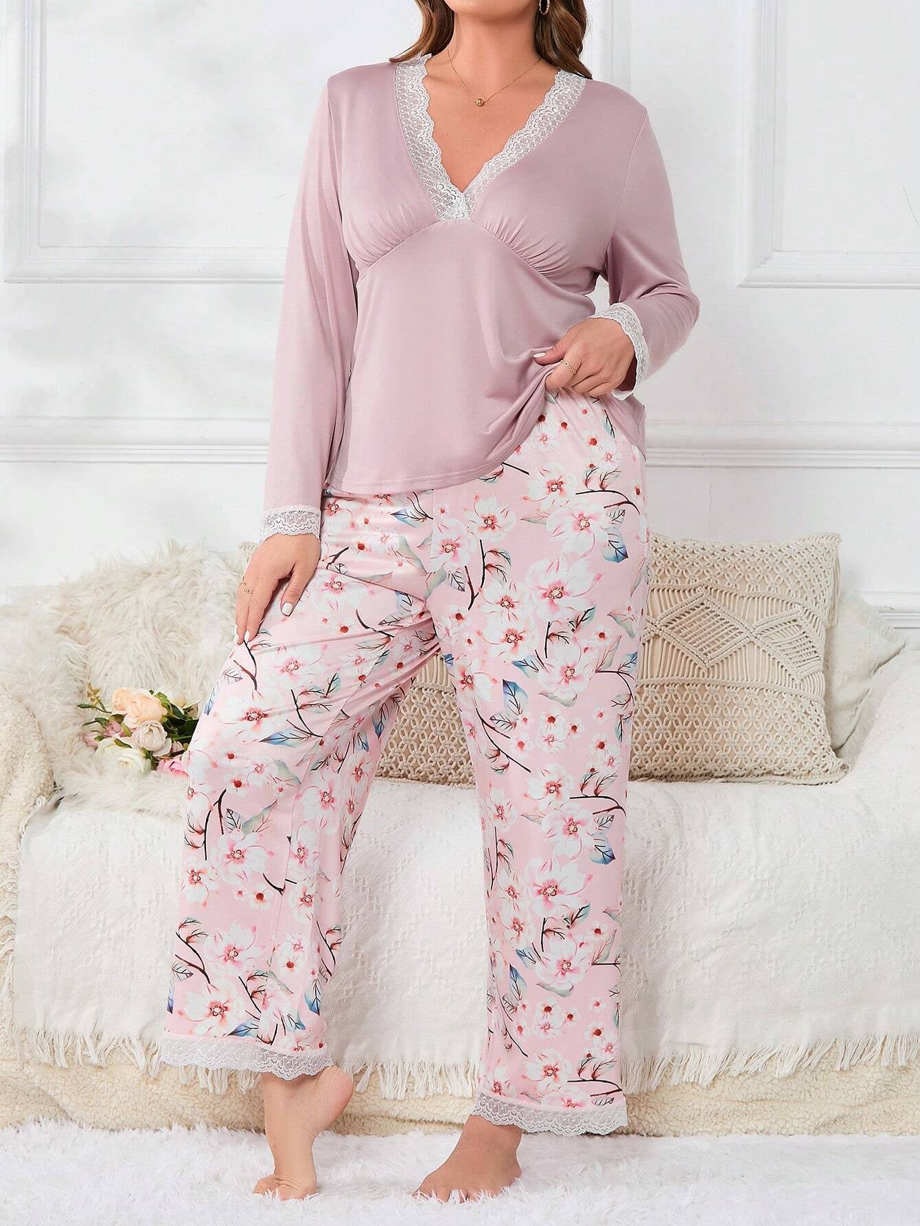Plus Floral Print Lace Trim PJ Set