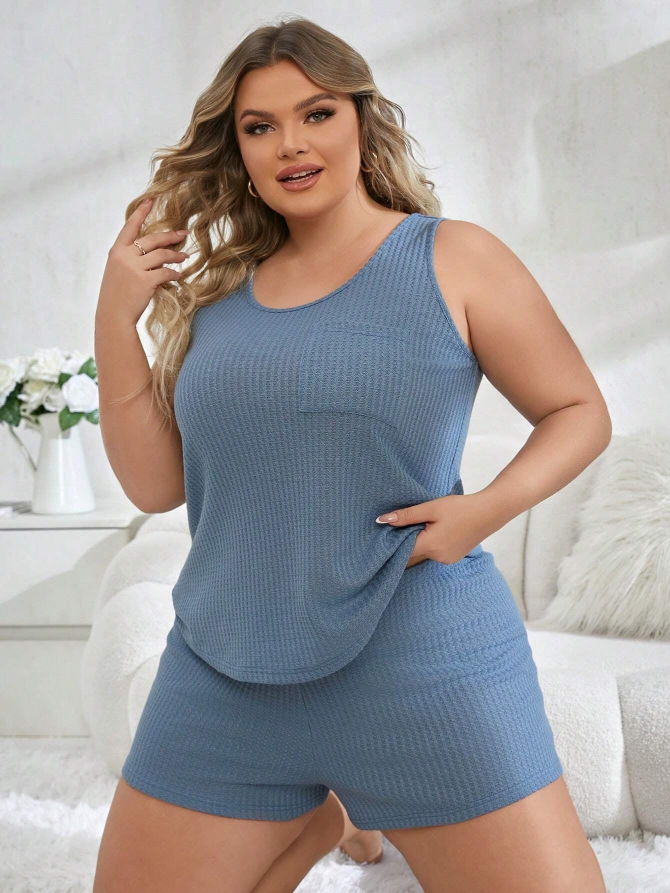 Plus Size Solid Color Basic Leisure Waffle Design Vest and Shorts Home Wear Set