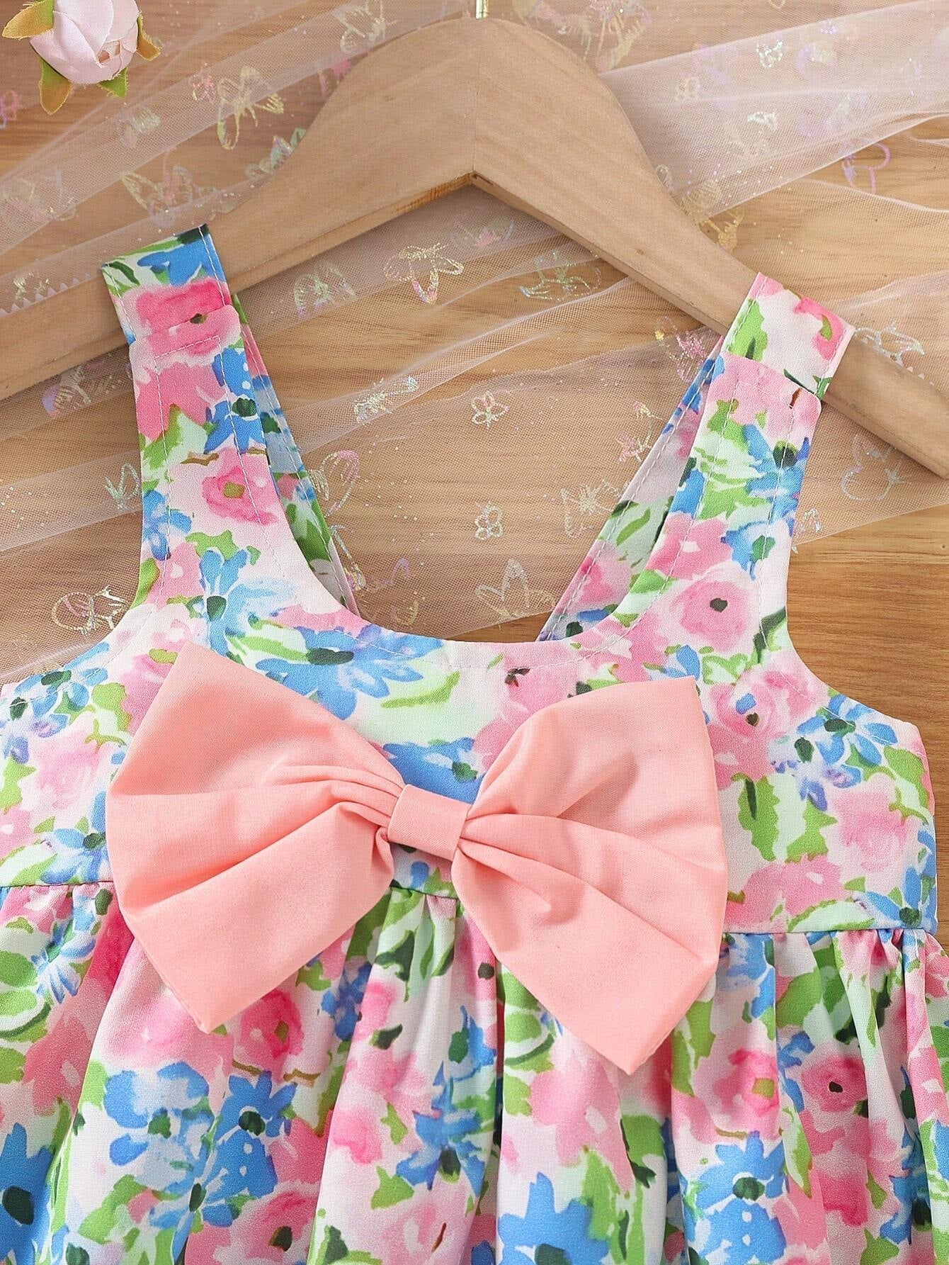 Baby Girls' Summer Sleeveless Dress with Floral Print, Butterfly Bowknot Decor
