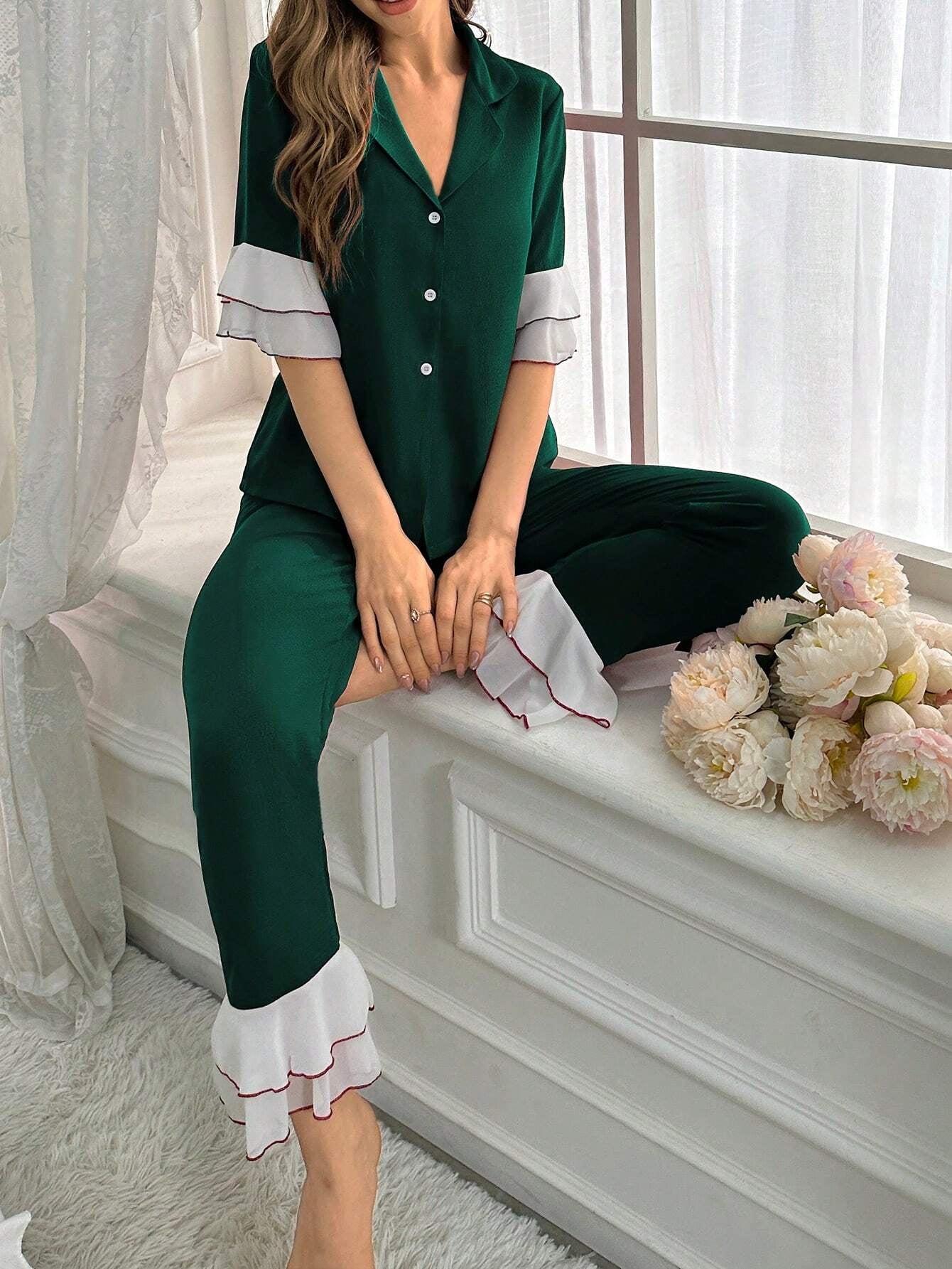 Women'S Two-Piece Sleepwear Set with Color Block Flounce Sleeve Top and Flare Pants