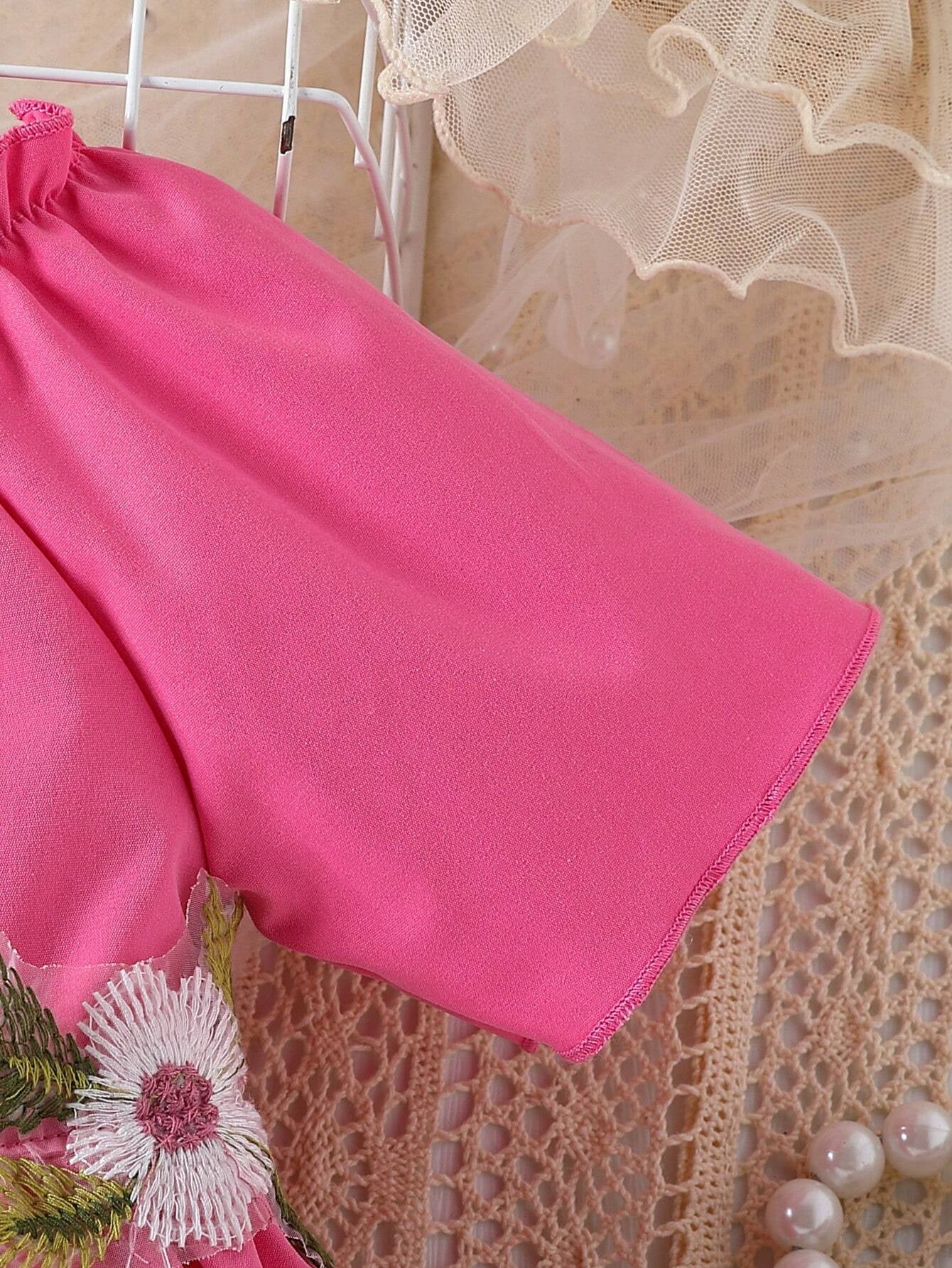 Baby Girl Floral Appliques Frill Trim off Shoulder Dress