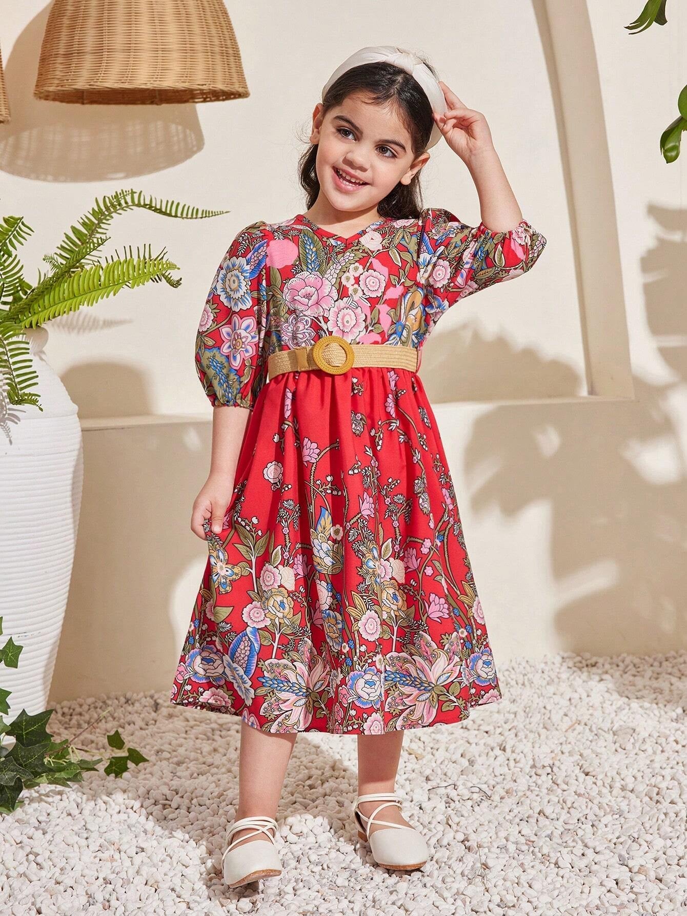 Young Girl Floral Printed V-Neck Puff Sleeve Dress