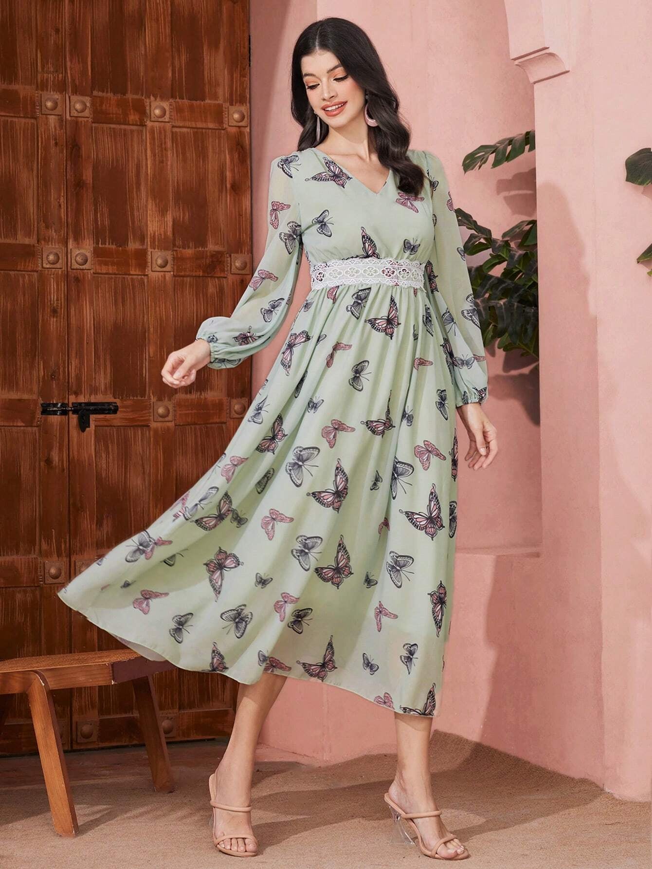 Modely Butterfly Printed V-Neck Patchwork Lace Tape Lantern Sleeve Dress