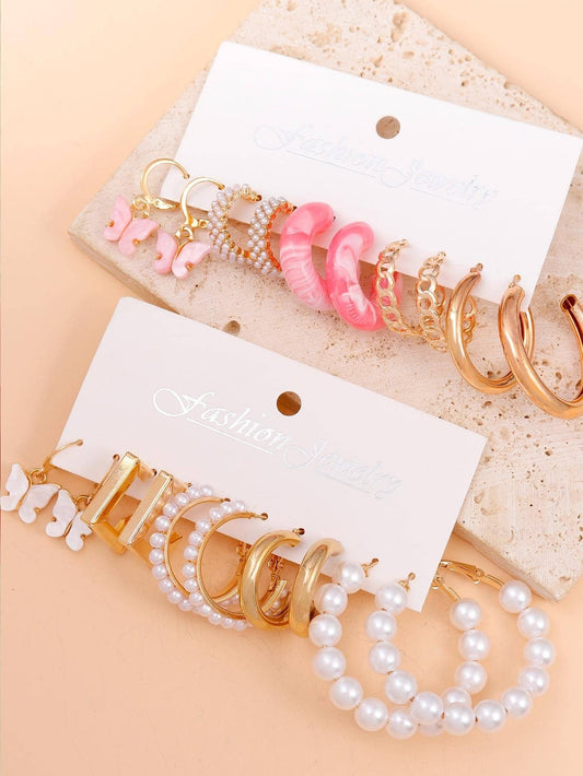 20Pairs/Set Fashionable Zinc Alloy Butterfly & Faux Pearl Decor Earrings for Women for Daily Decoration