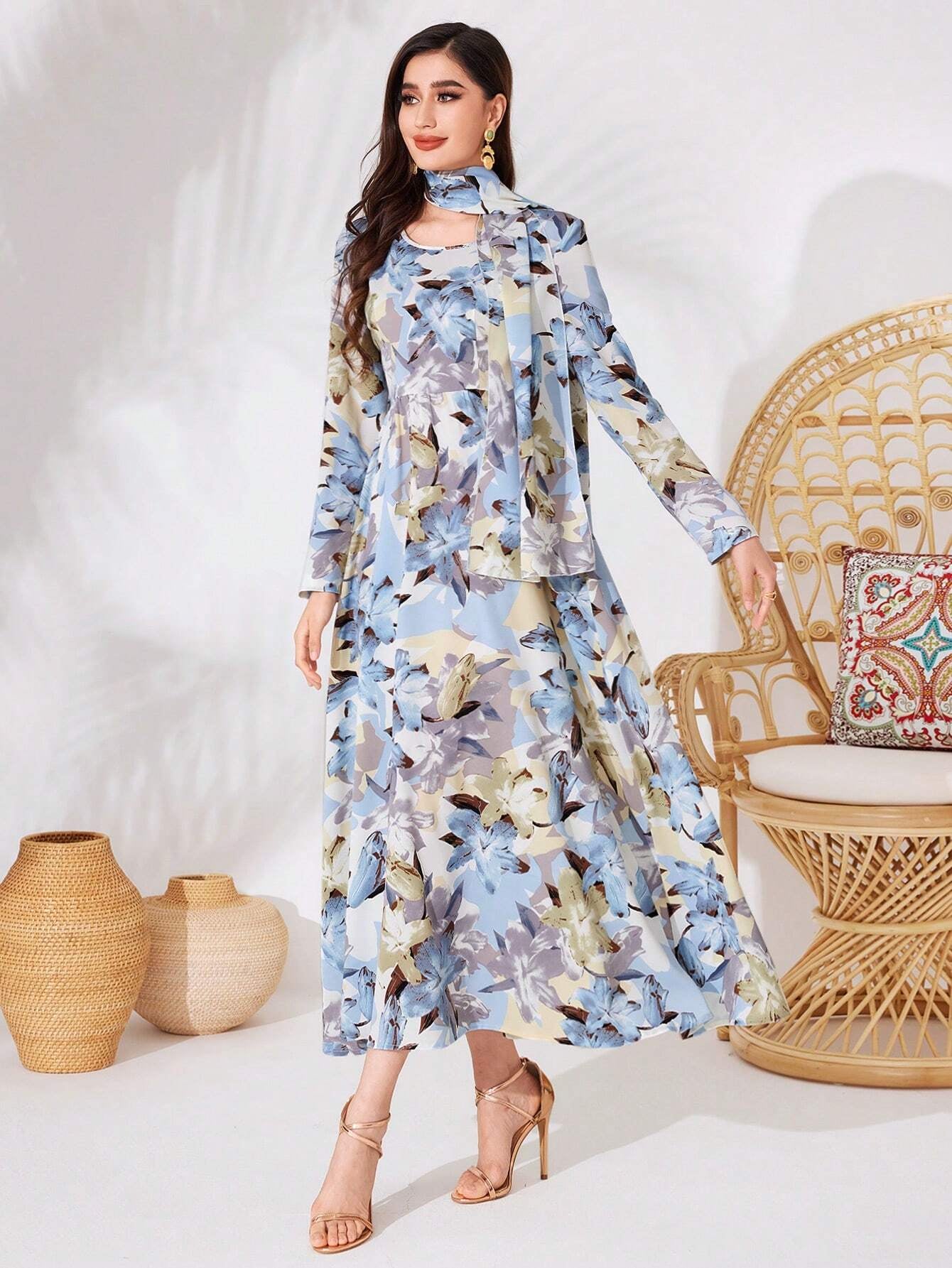 Modely Women'S Floral Print Long Sleeve Dress