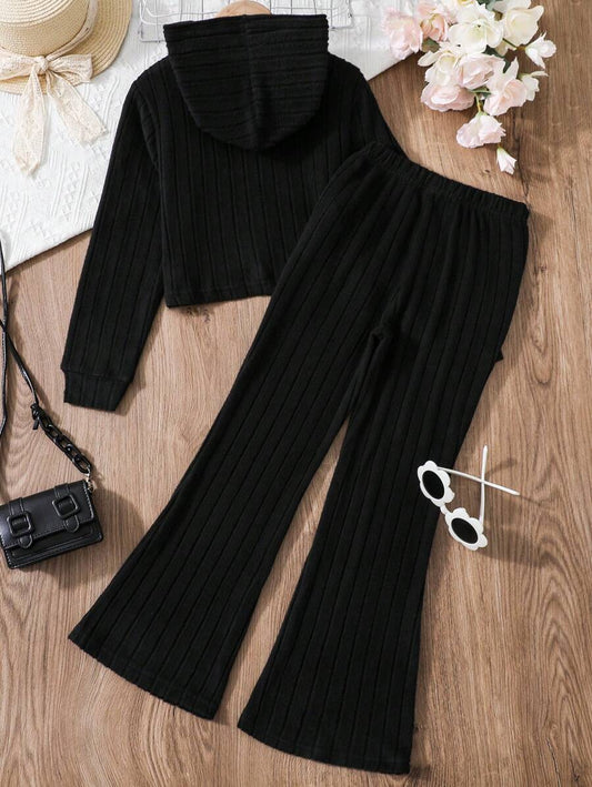 SHEIN مجموعة هودي ربيعية للفتيات بالمرحلة الانتقالية بلون صلب وبنطلون واسع بالأرجل