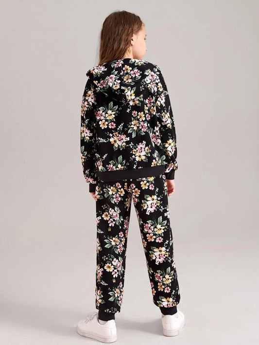 SHEIN هودي مع كنزة بأكمام قطنية لفتاة العشرينات مع سروال رياضي بطبعة زهور